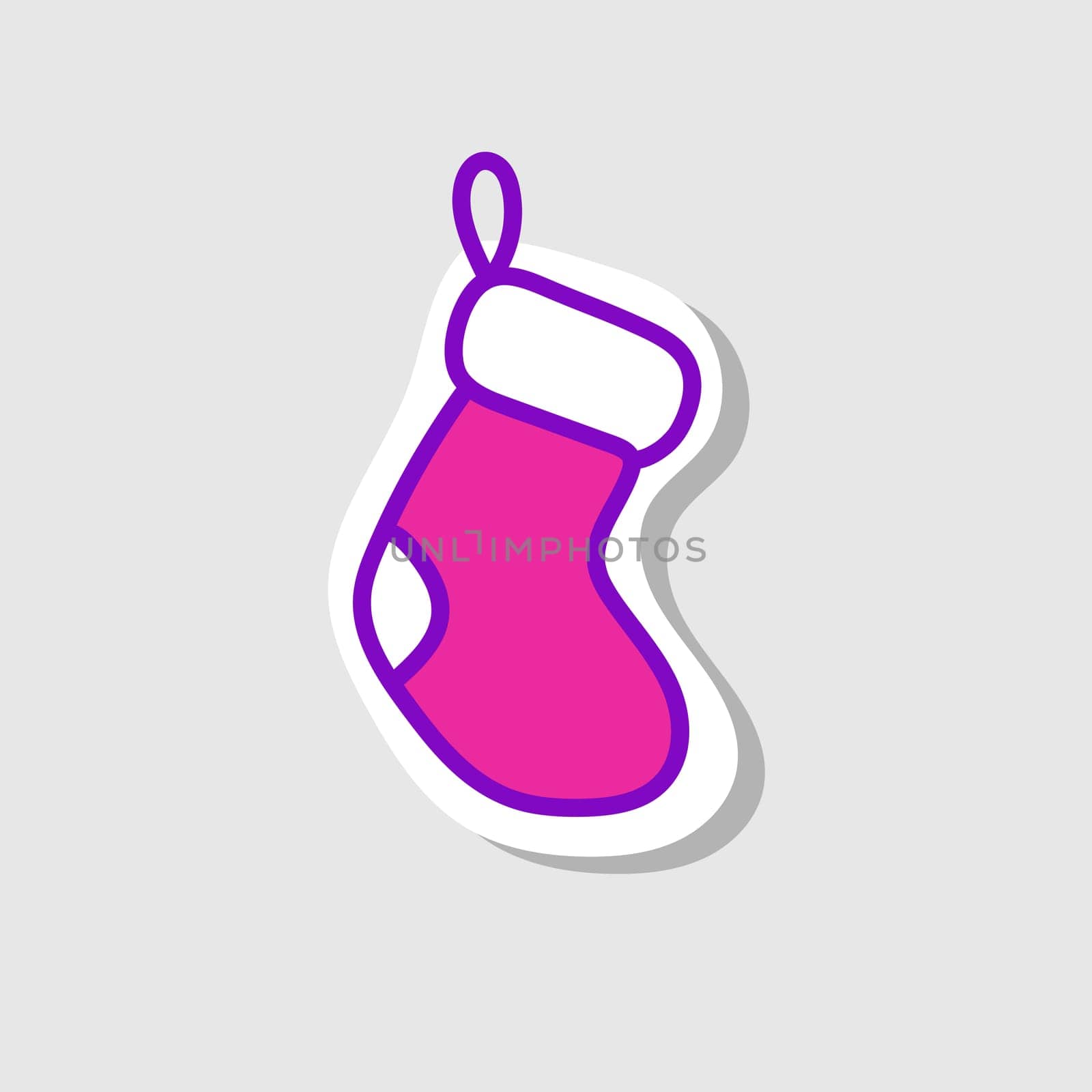 Holiday greeting sticker for card. Christmas stocking element. Festive hand drawn design on grey