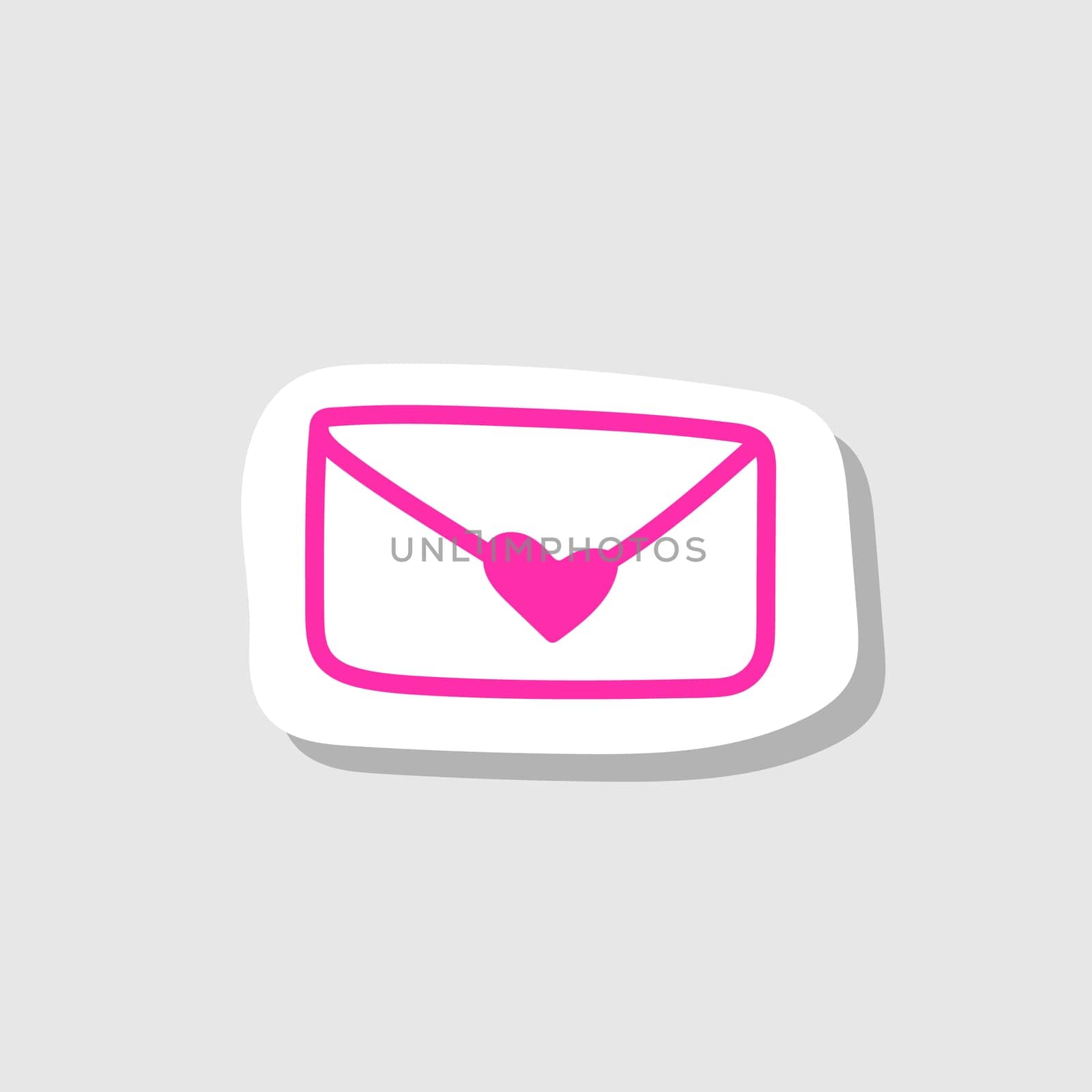 Hand drawn vector envelope sticker with heart shape signet. Pink isolated on grey