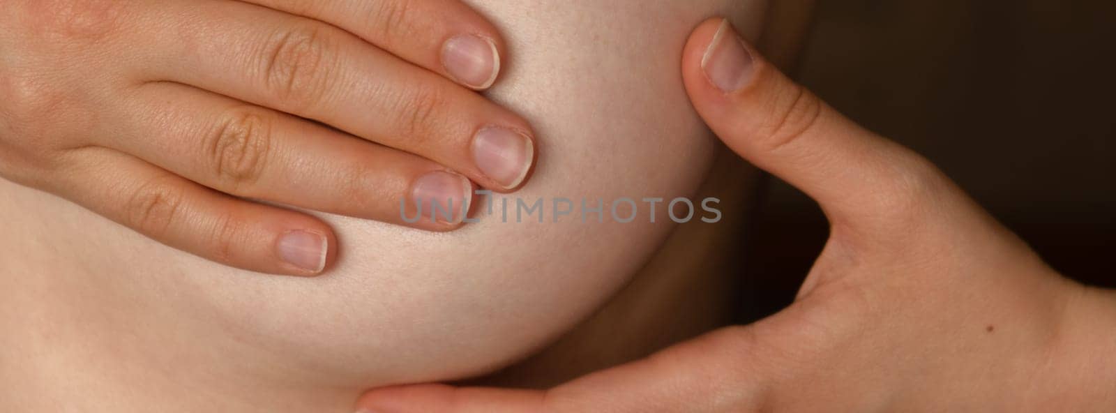 Unrecognizable Women topless doing self-checks for breast cancer. Banner BSE Checking up breast changes, possible lumps, distortions or swelling. Breast cancer awareness by anna_stasiia