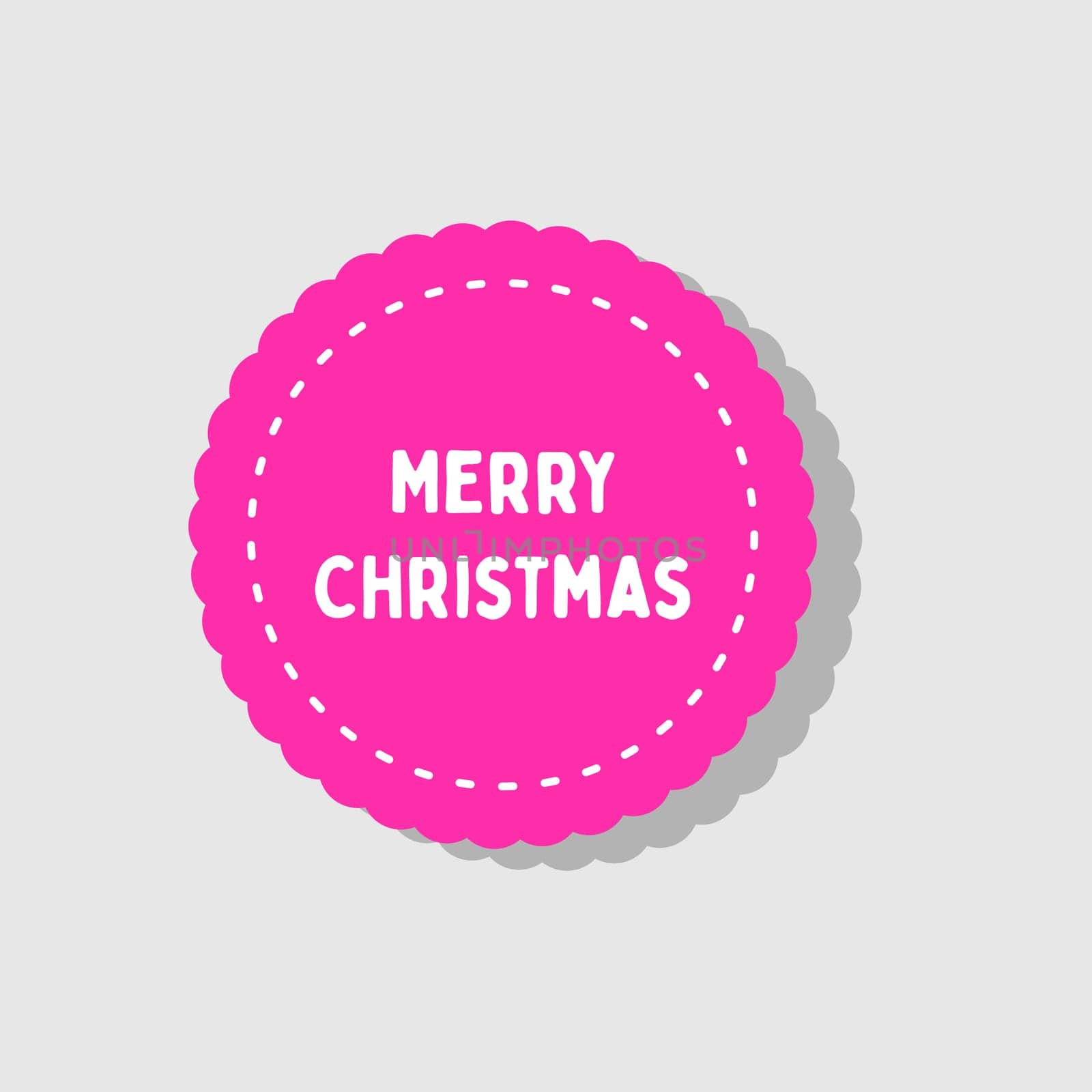 Pink round sticker with the Merry Christmas white text. For holiday design, postcards, packaging.