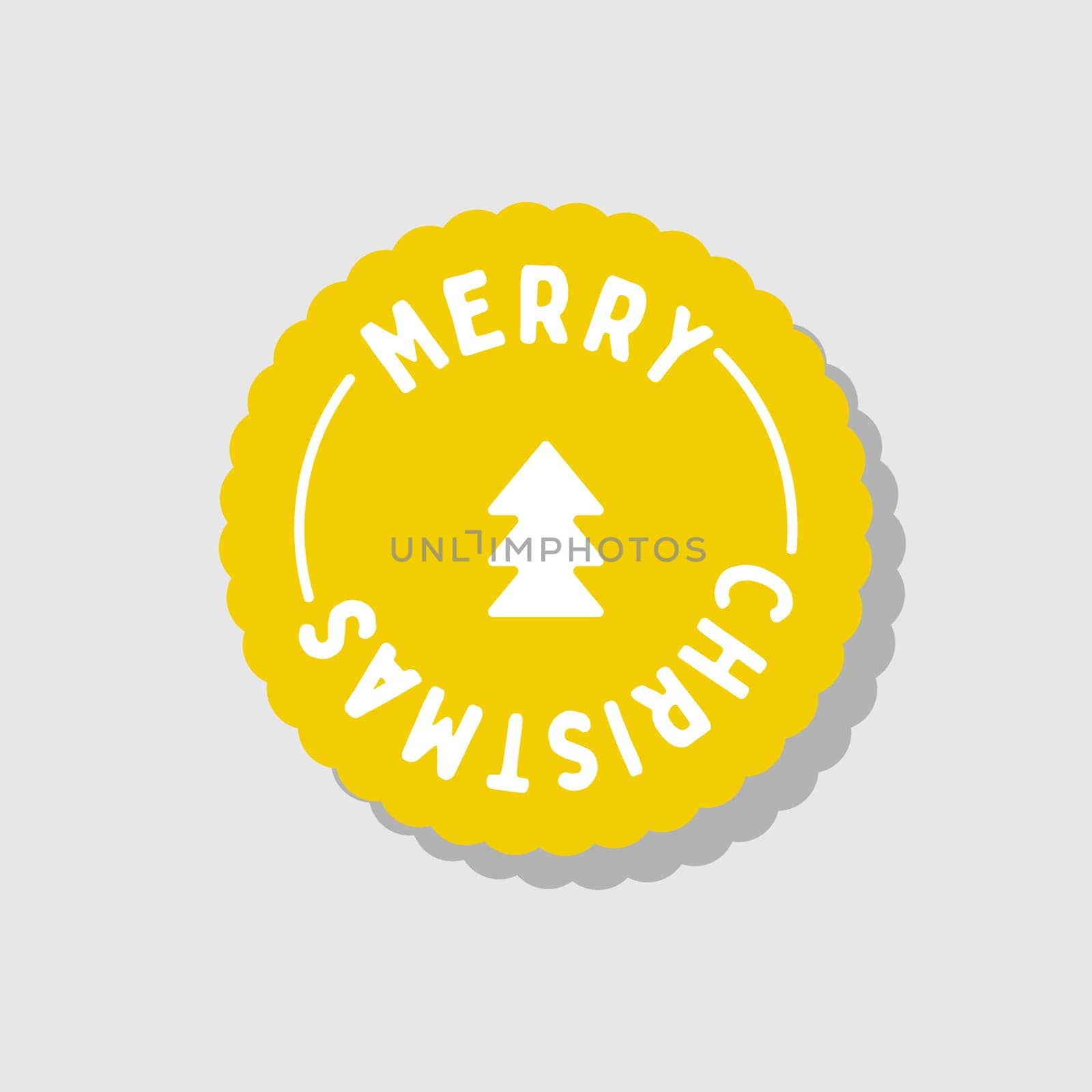 Yellow round sticker with the inscription Merry Christmas. For holiday design, postcards, packaging.