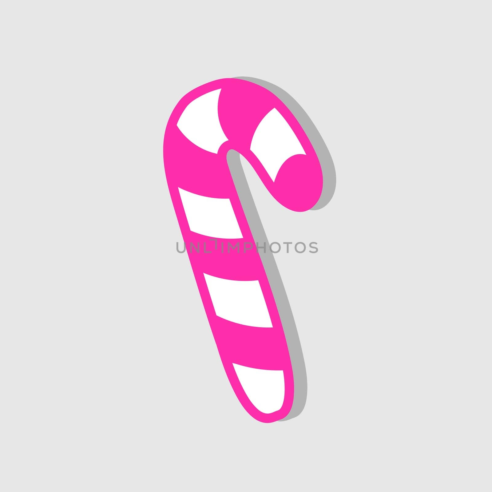 Cute Christmas candy cane - vector icon in pink color. Striped candy isolated on grey background. Minimalist sticker