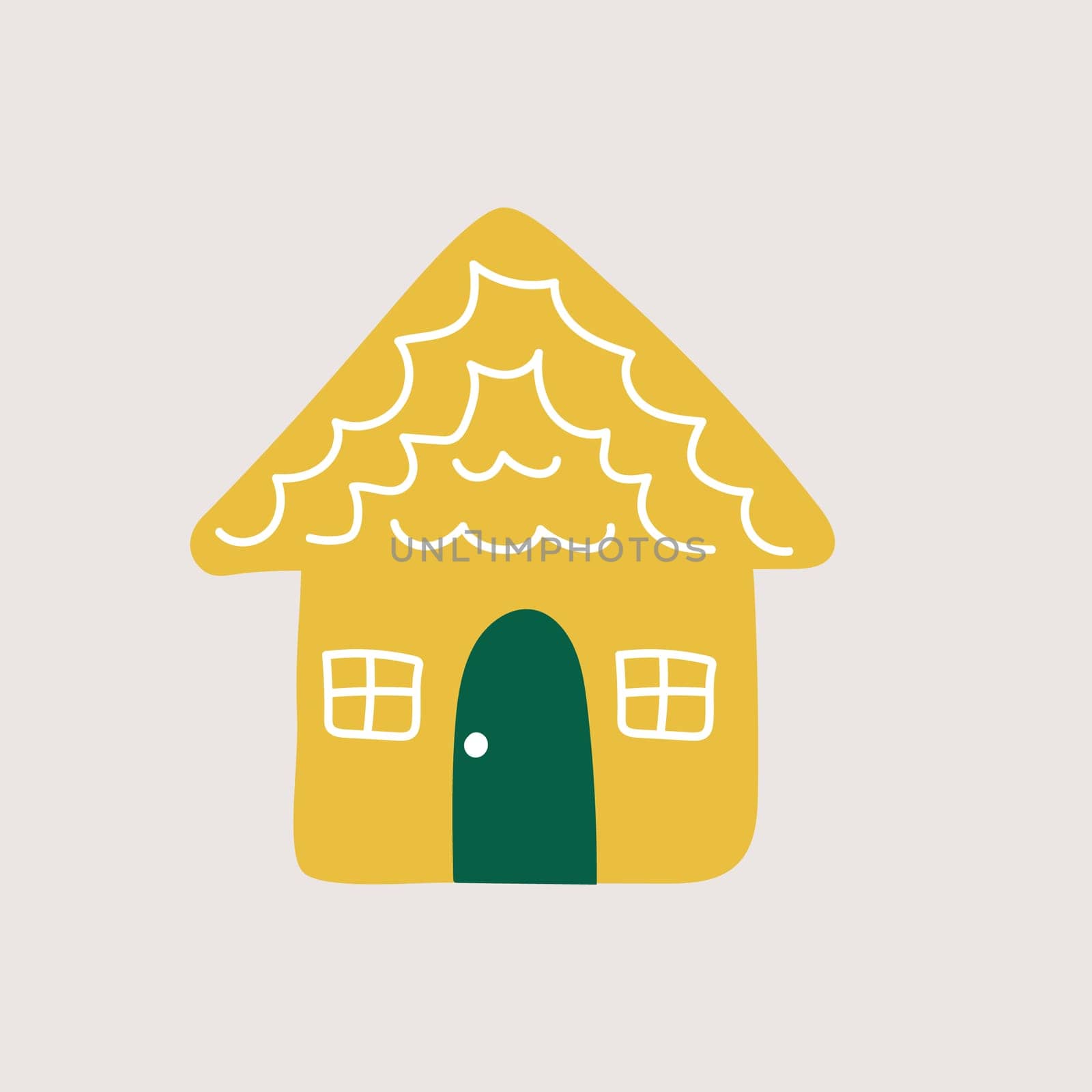 Cozy winter yellow house on grey background. Cute hand drawn vector illustration for greeting card, invitation