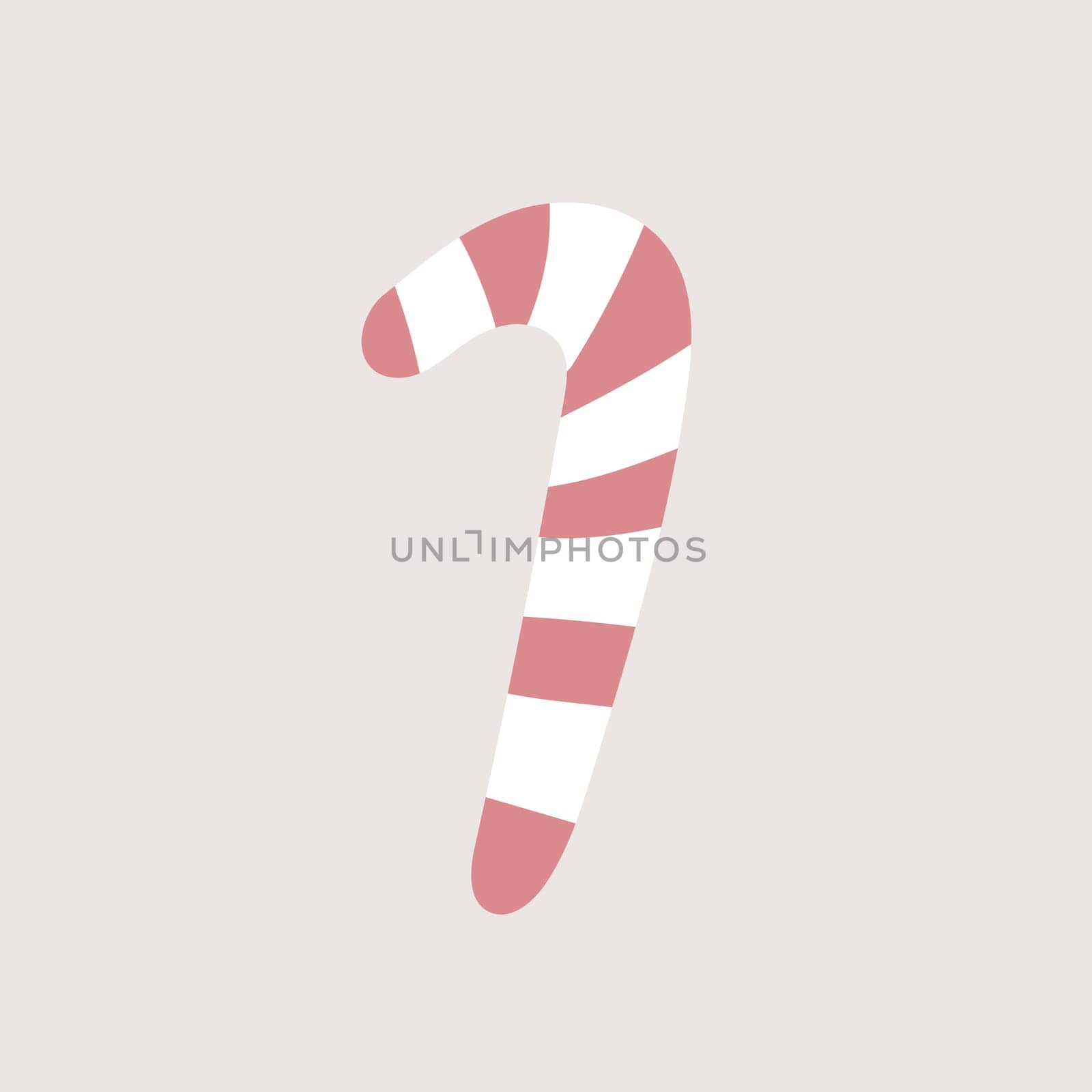 Cute Christmas candy cane - vector icon in pink color. Striped candy isolated on grey background. Minimalist Scandinavian design