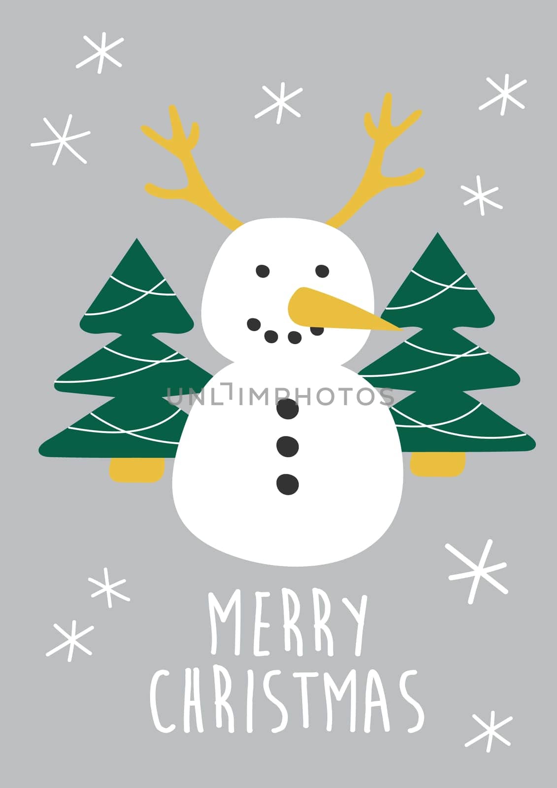 Creative hand drawn christmas card with funny smiling snowman with horns by natali_brill