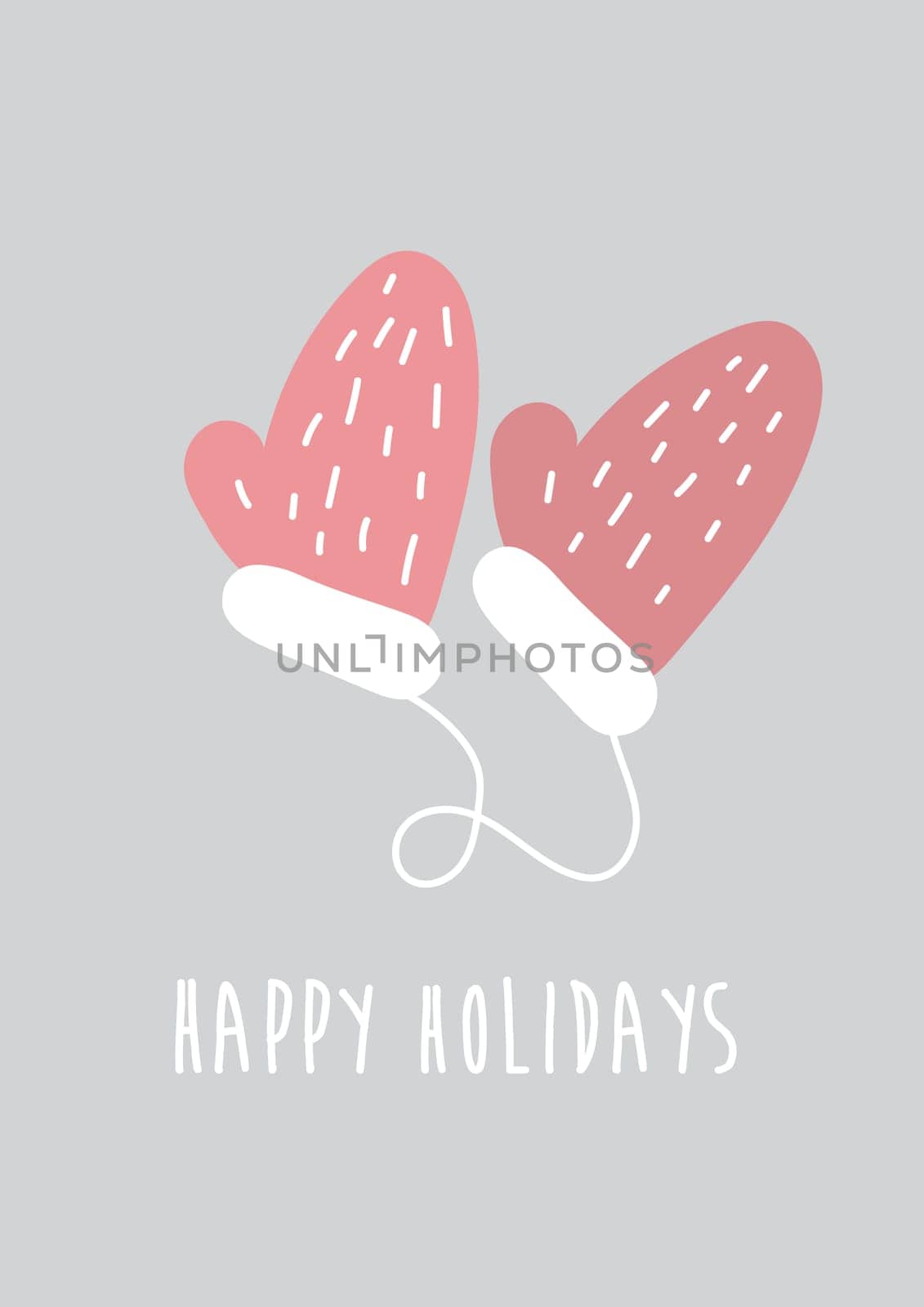 Pink mittens on grey background. Hand drawn vector illustration. Minimalist Scandinavian design. Holiday card template with happy holidays text