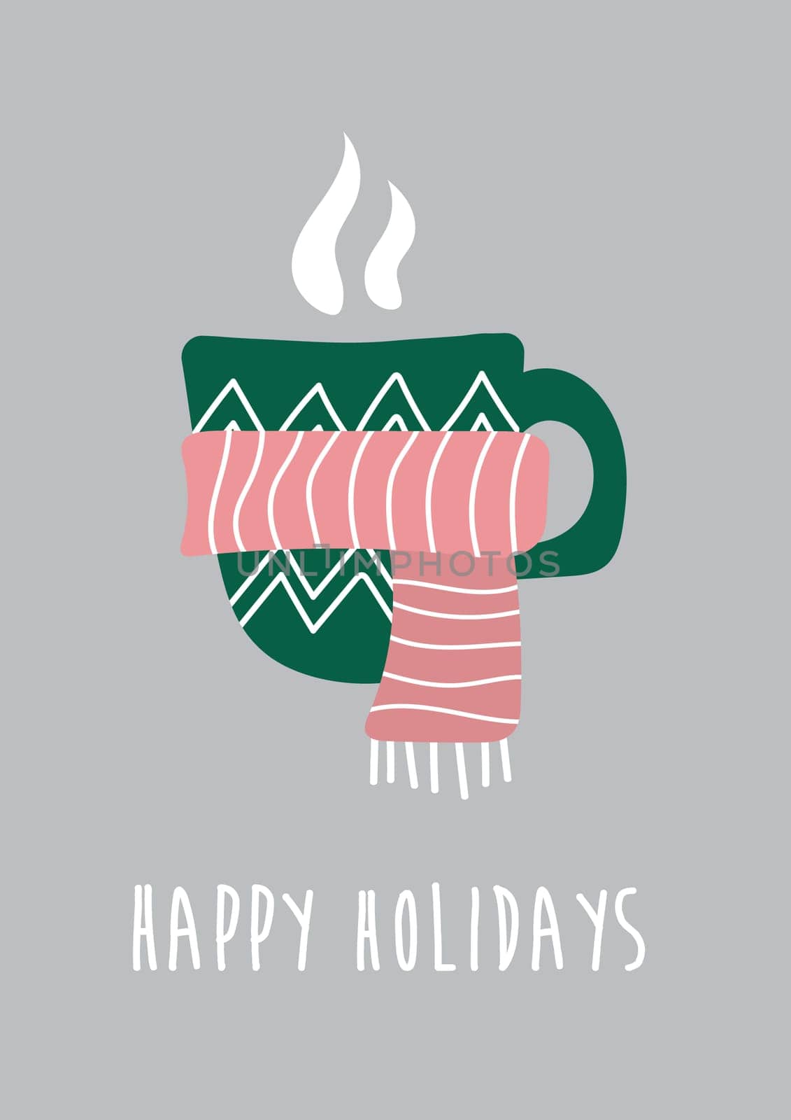 Hot drink in a winter mug wrapped in warm knitted scarf. Holiday card template with happy holidays text. Flat style vector cartoon illustration.
