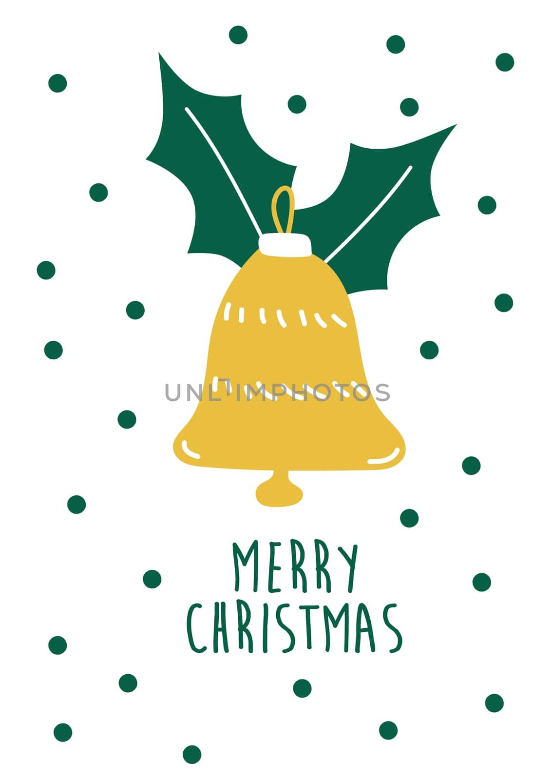Hand drawn Christmas bell yellow color. Doodle style. Vector hand drawn element. Merry Christmas greeting card design. Minimalist Scandinavian design