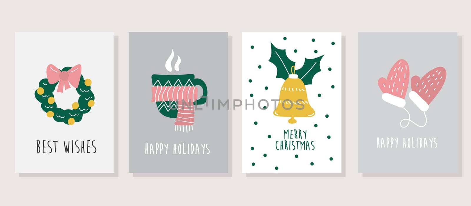 Hand drawn vector Merry Christmas cards collection set with cute illustrations. Cartoon minimalist Scandinavian design set.