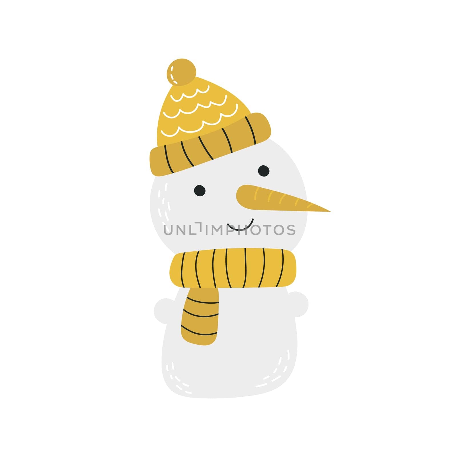 Smiling snowman in a yellow hat and scarf. Hand-drawn, isolated on white background. Design for greeting card, banner. Scandinavian minimalistic style