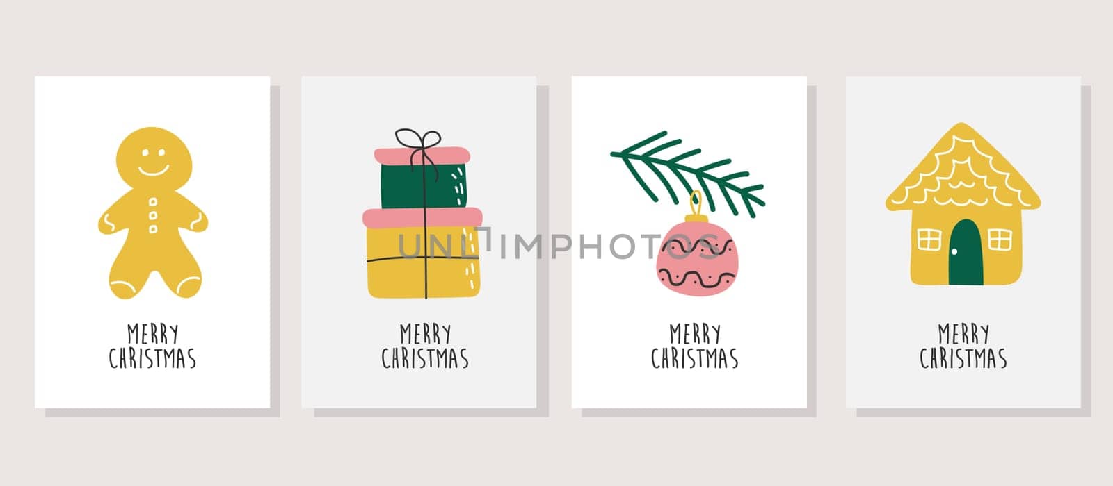 Hand drawn vector Merry Christmas cards collection set with cute illustrations. Cartoon minimalist Scandinavian design set.