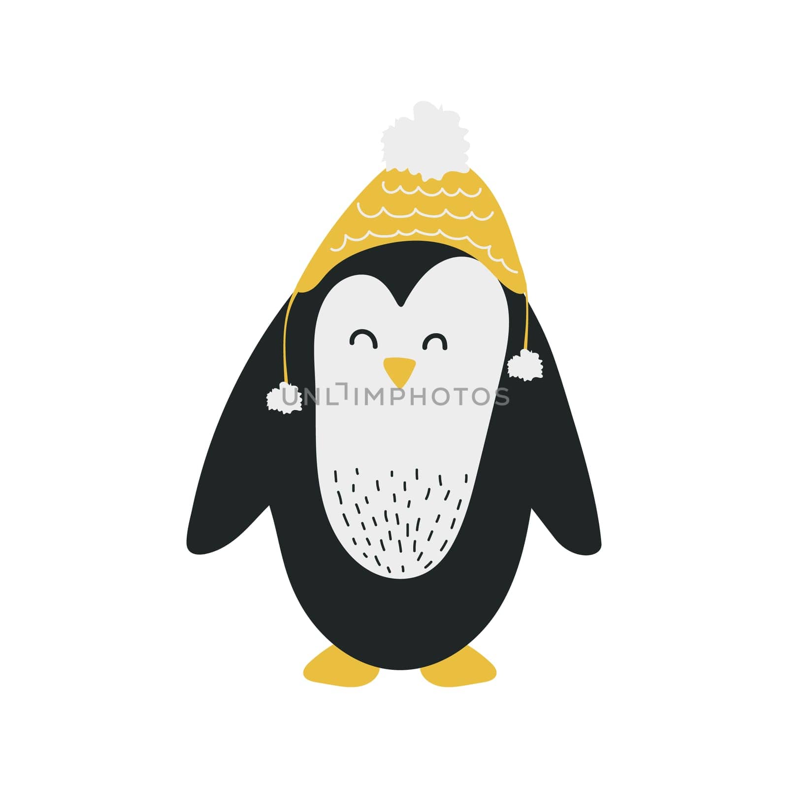 Cute penguin in knitted winter hat. Cartoon animal character. Vector illustration for kids. Scandinavian minimalistic children style, black and yellow