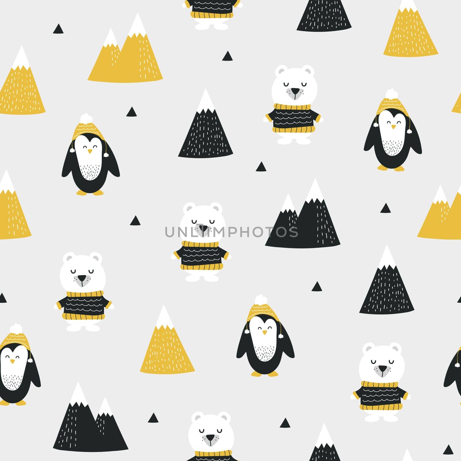 Cute seamless pattern with polar bear, penguin and mountains. Hand drawn by natali_brill