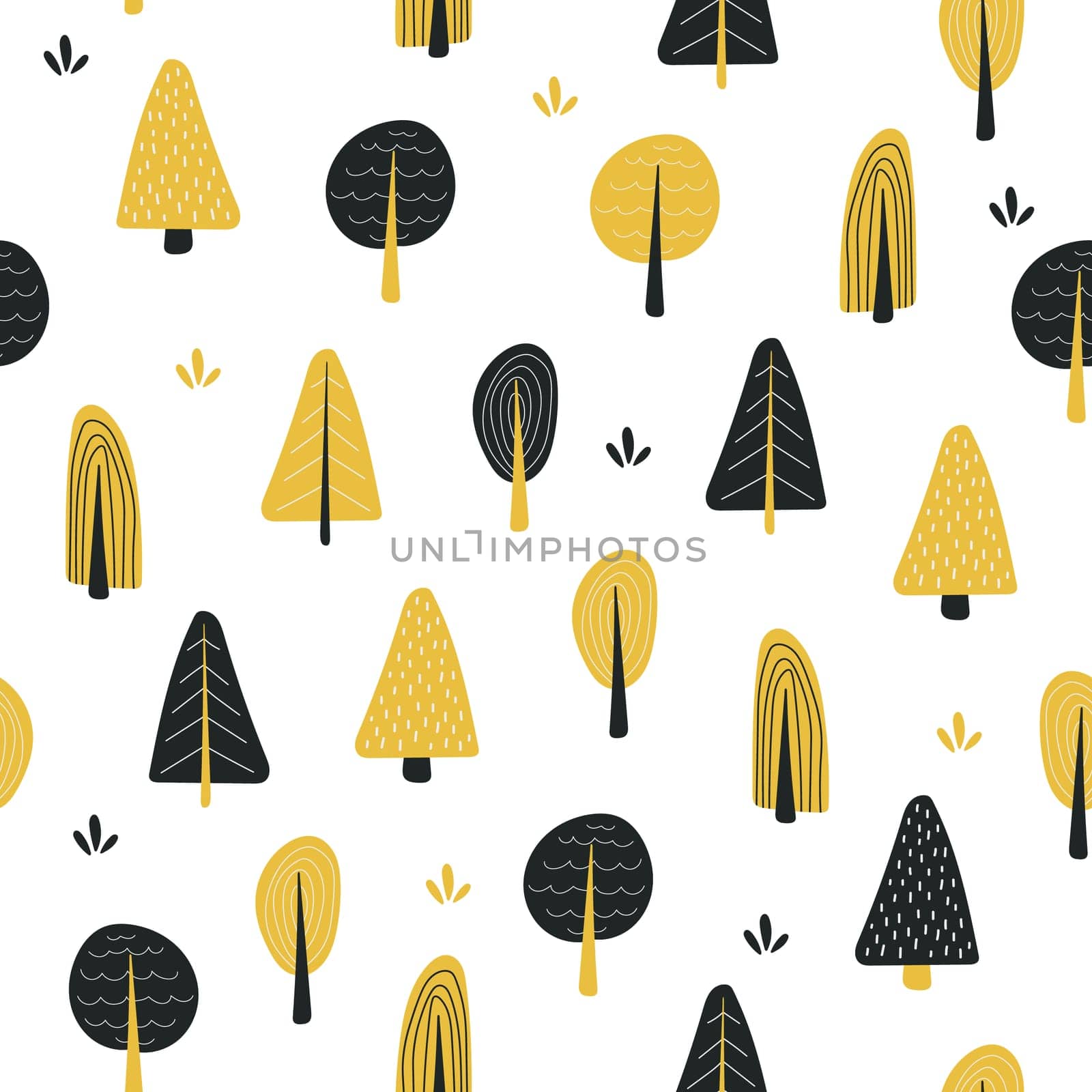 Vector seamless pattern with hand drawn doodle trees forest for gift boxes packaging, textiles. Black, gold, white colors.