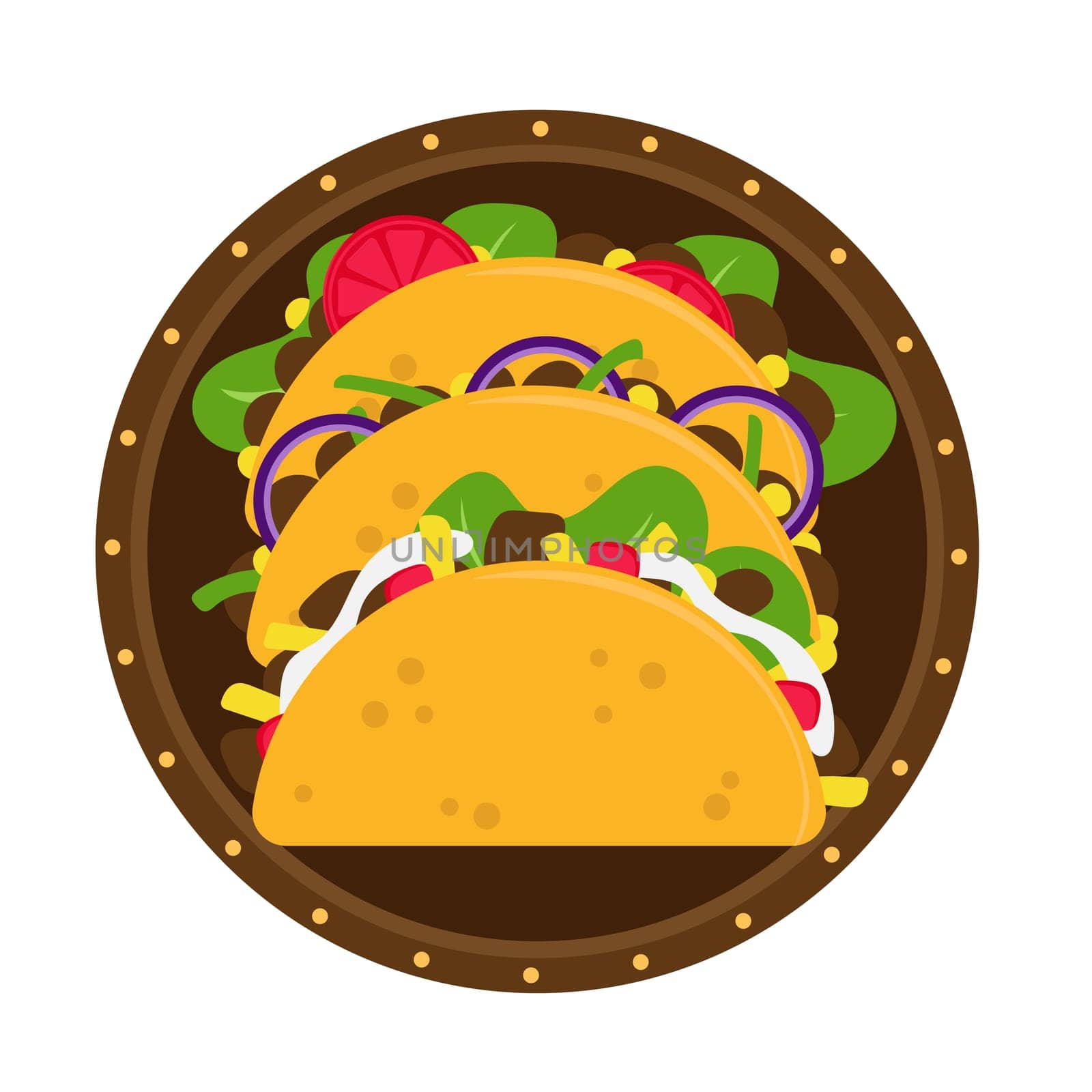Tacos traditional Mexican cuisine dish food item from cafe menu. Vector illustration. Three tacos on a plate