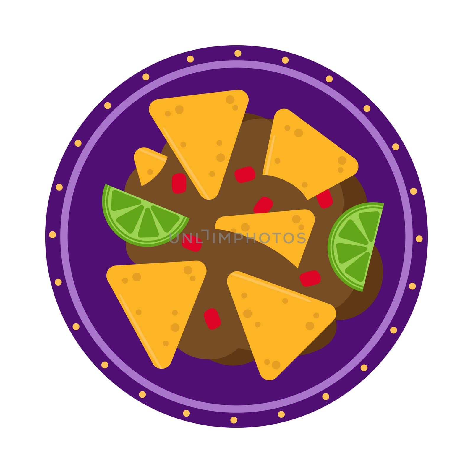 Nachos and fajitos with slices of tomato and pepper, lime on a plate. Illustration for the menu on a white background. Traditional Mexican food.