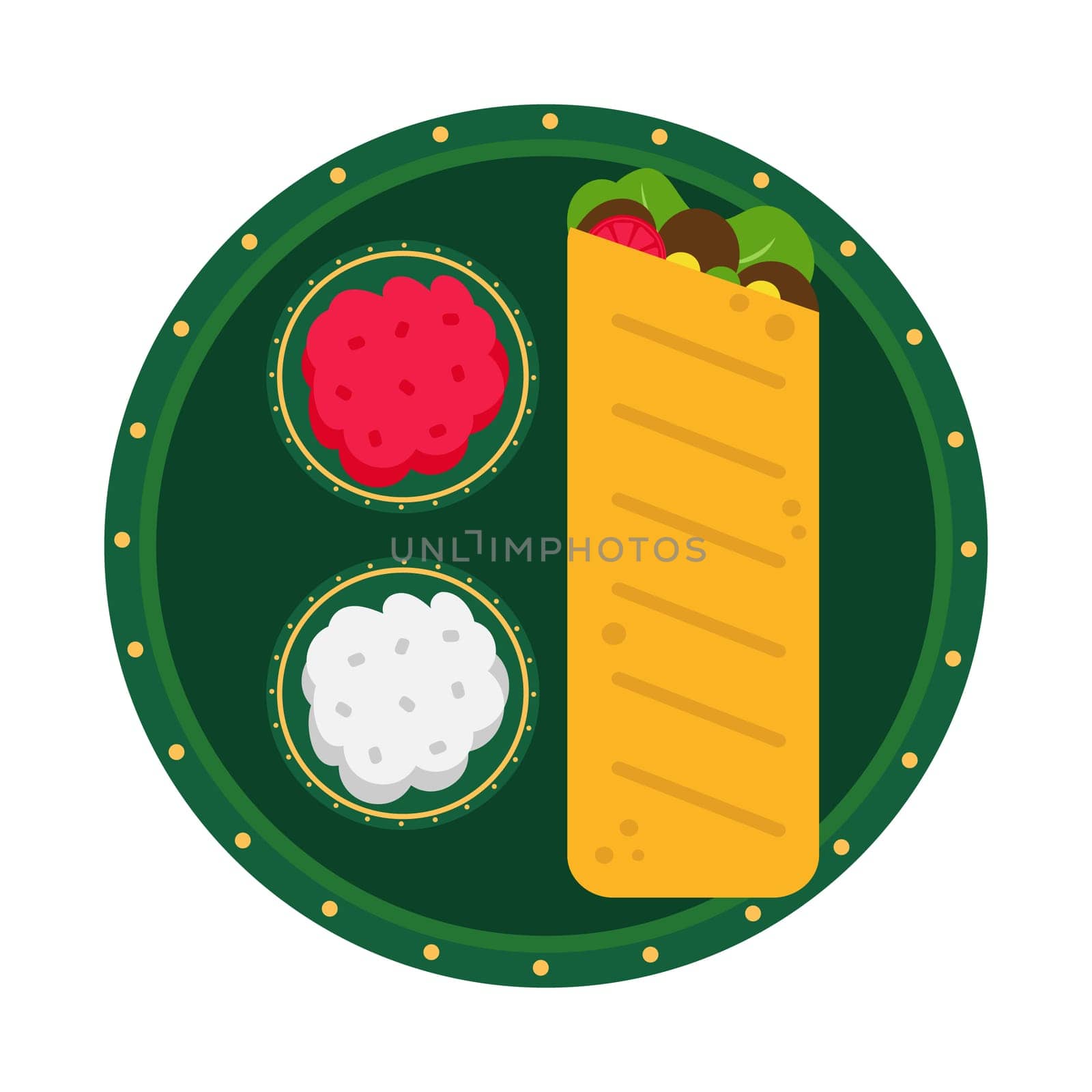 Burrito icon isolated on white background. Plate with sauces. Kebab icon. by natali_brill