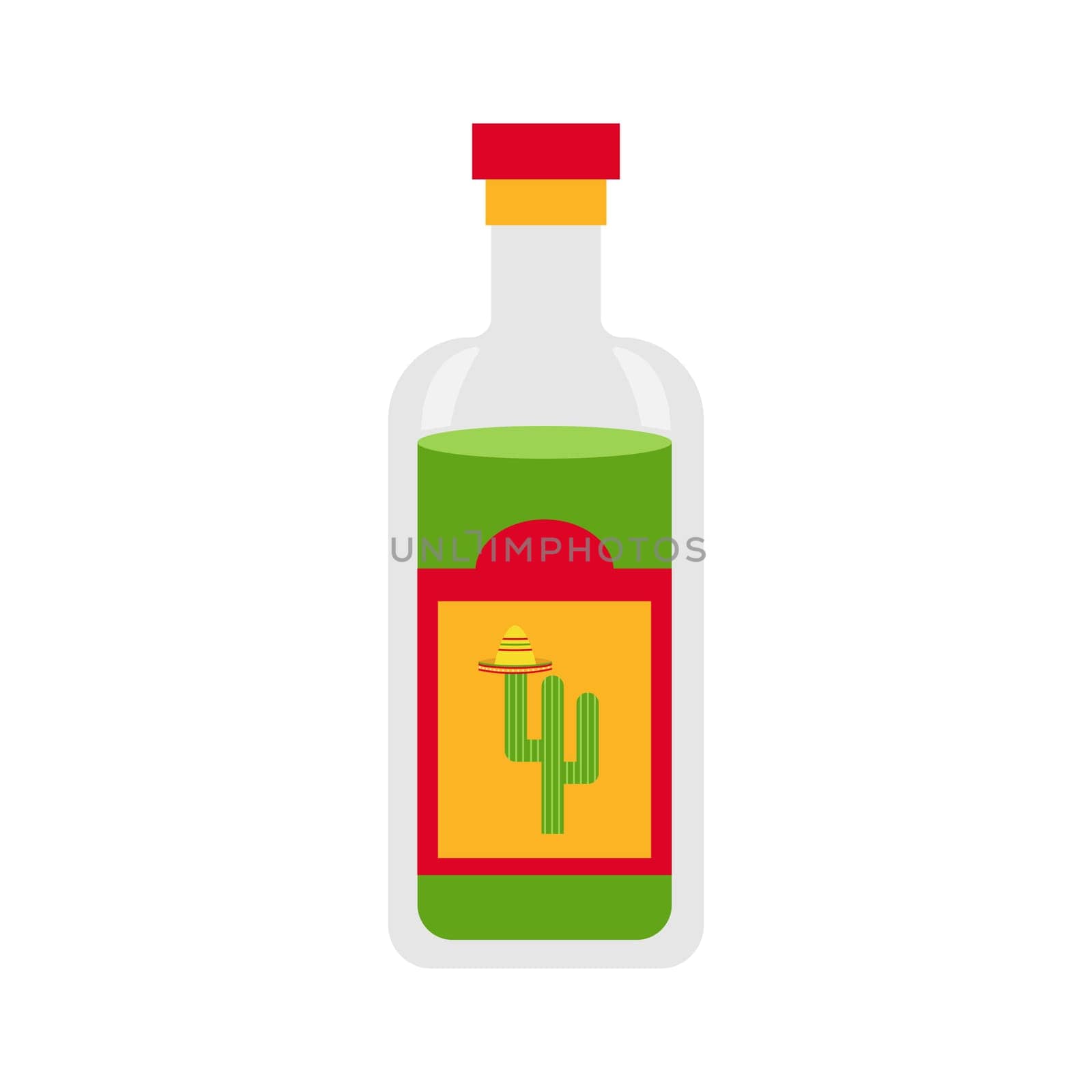 Mexican food and drink. Tequila bottle in cartoon style isolated on white. Vector illustration for menu designs.