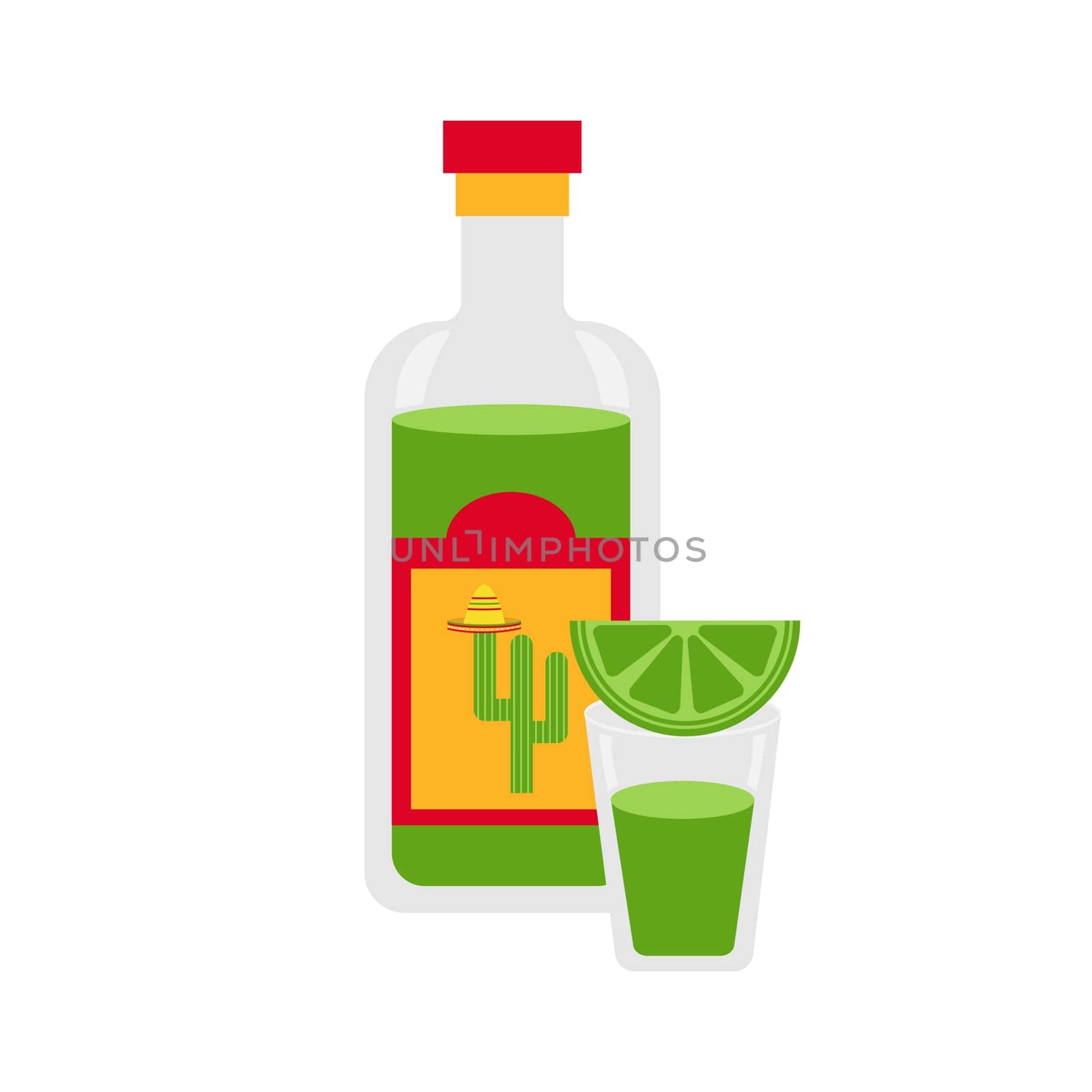 Mexican food and drink. Tequila with lime isolated on white. Vector illustration for menu designs.