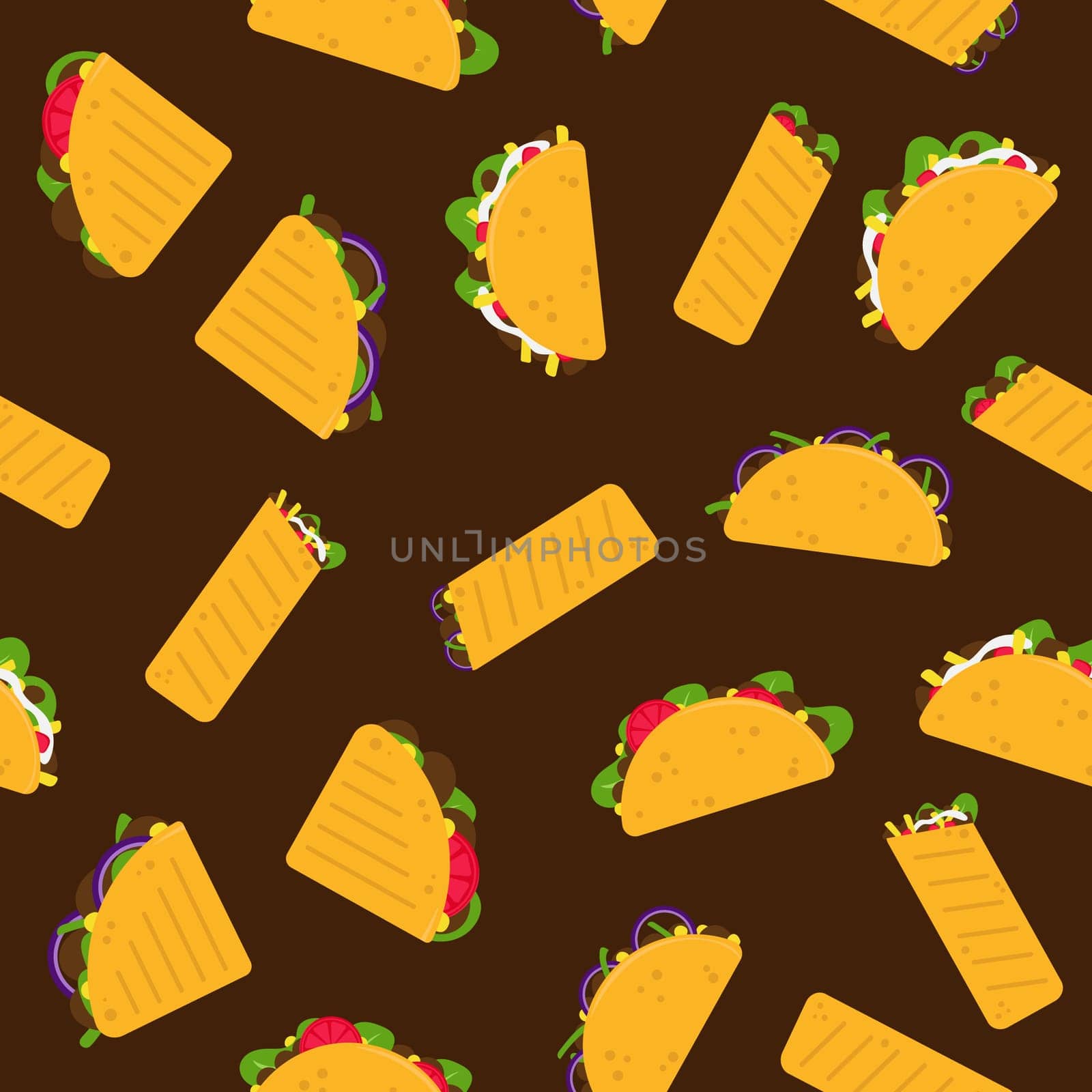 Mexican food. Tacos, quesadillas and burritos - seamless pattern on brown by natali_brill