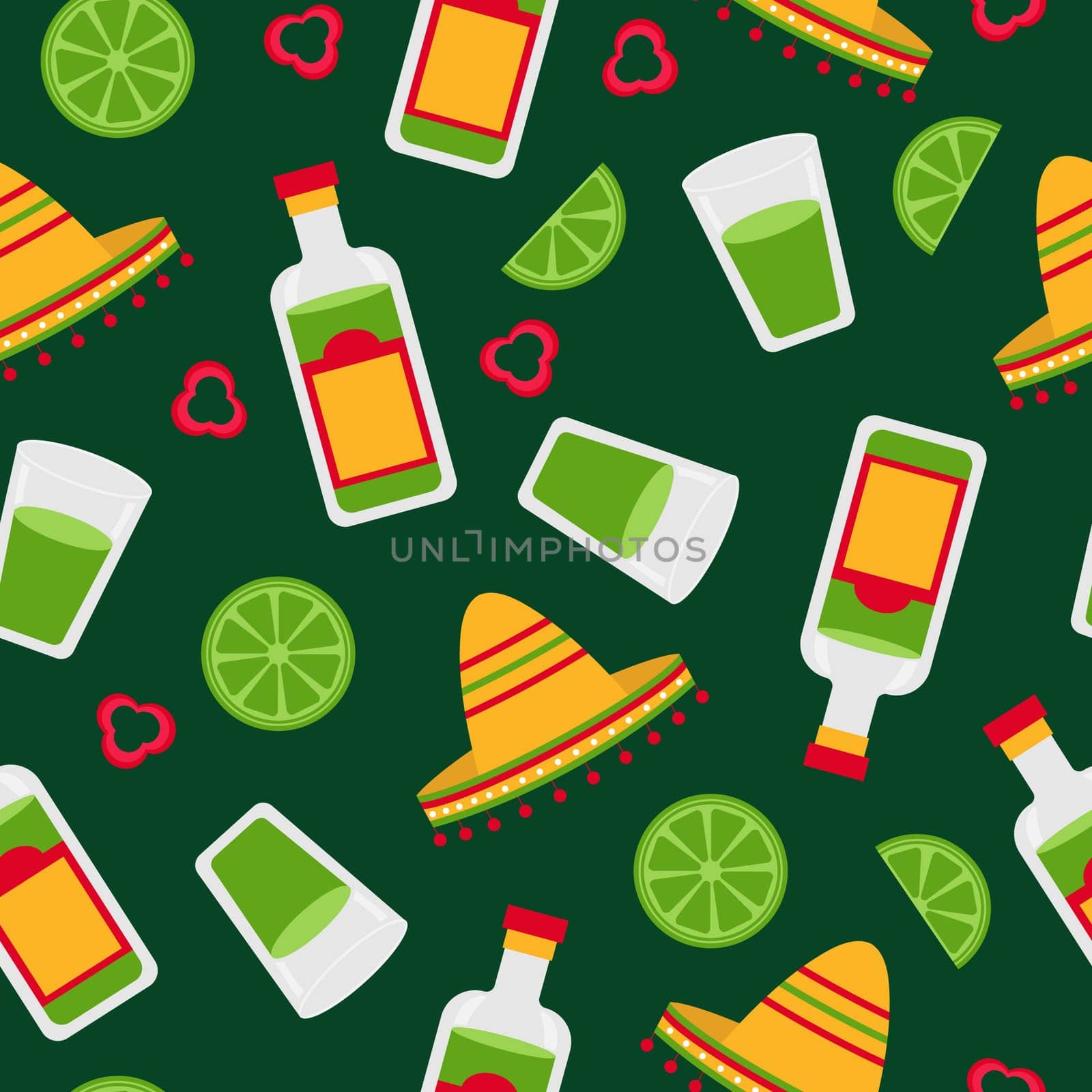 Colorful Mexican seamless pattern with tequila bottle, sombrero, chili pepper, lime shot, vector illustration. Pattern for wrapping, textile, design