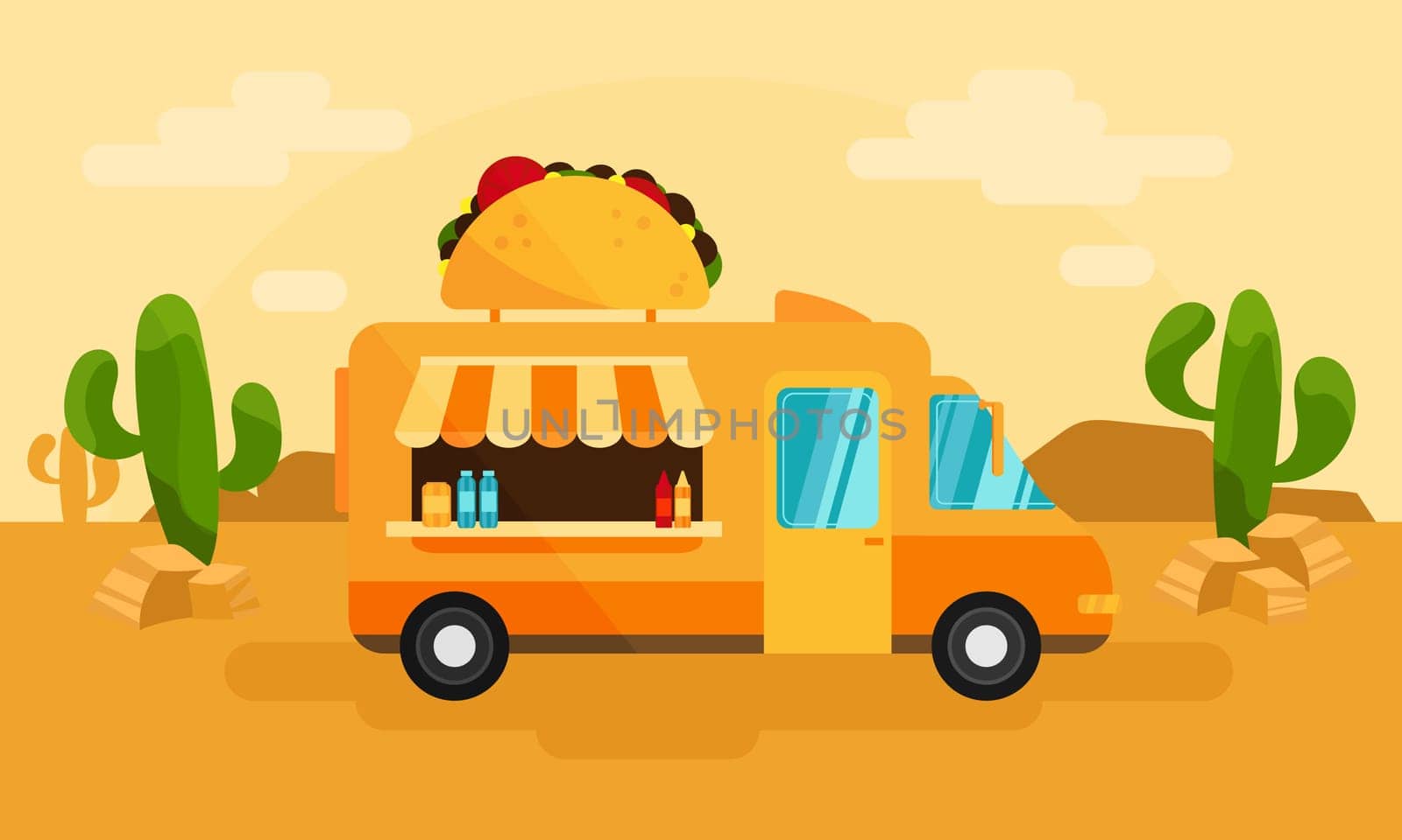 Food truck or Mexican meal. Delivery service or summer food festival. Truck van with Mexican taco. Vector landscape with cactus, desert. Cartoon style