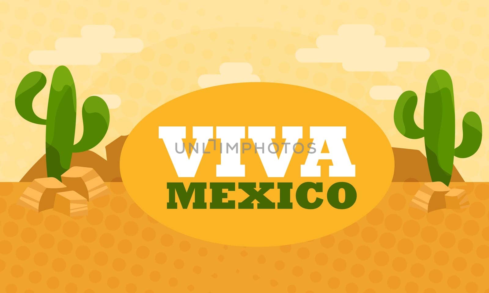 Landscape with cactus. Vector illustration, desert background. Viva Mexico. Cartoon style