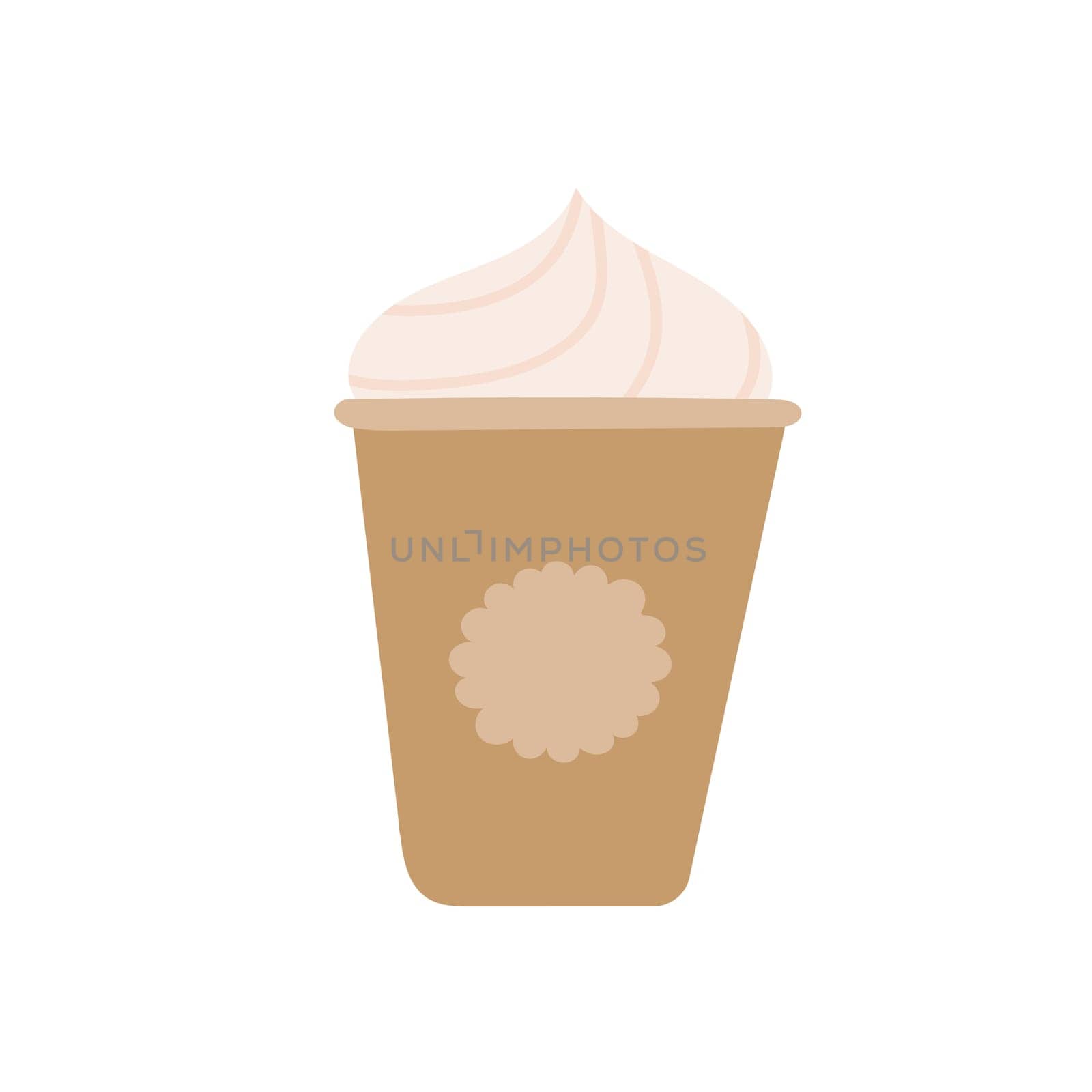 Hand drawn illustration of paper cup with ice cream or gelato or frozen yogurt in soft color. Isolated on white background.