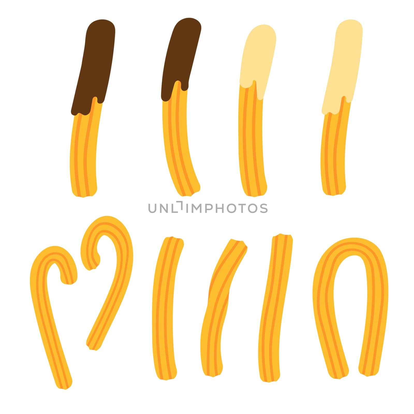 Set of churros with chocolate and cream sauce. Mexican snack. Hand drawn vector by natali_brill