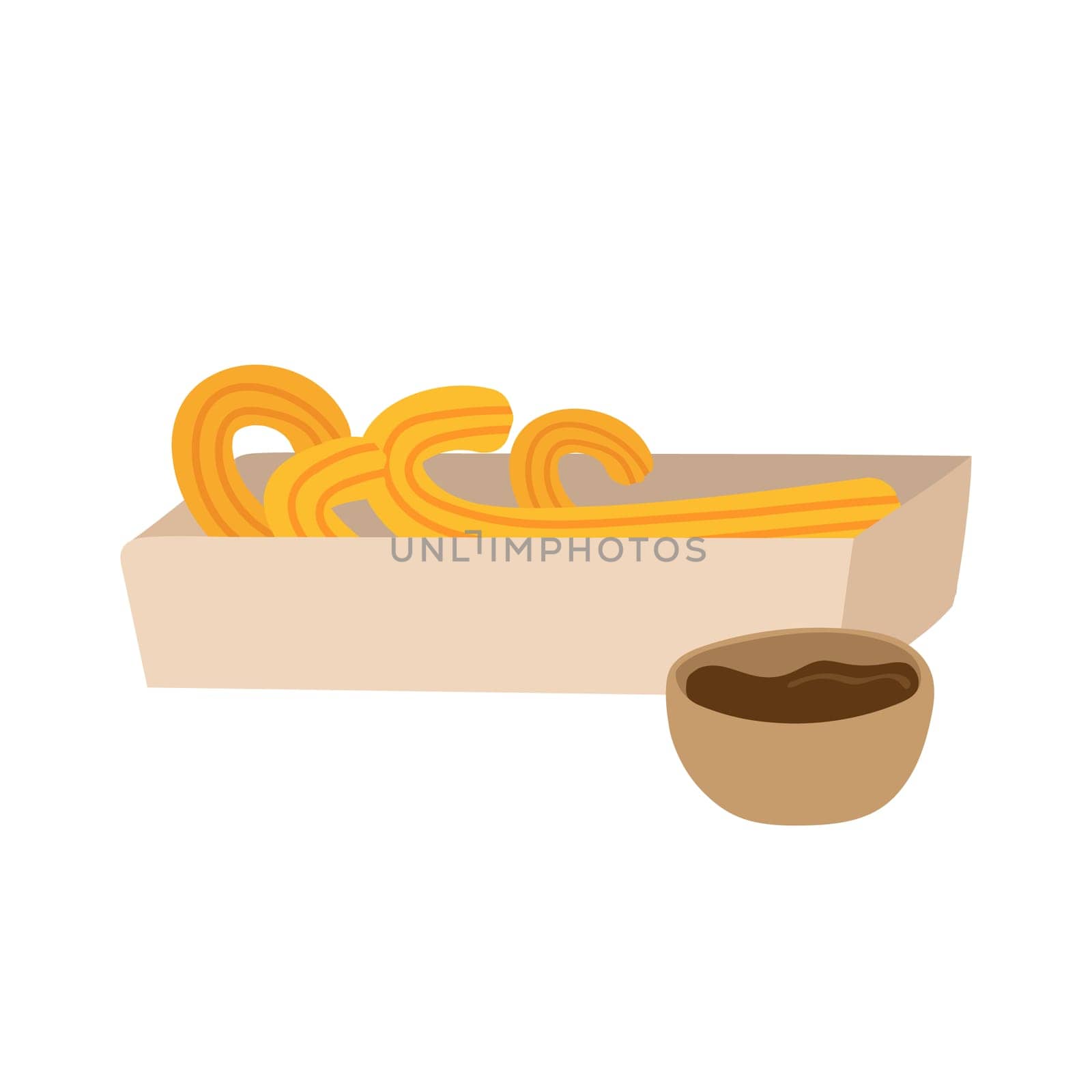 Sweet homemade churros in paper packaging with chocolate dipping sauce. Delicious Mexican snack. Flat vector design for cafe menu or poster