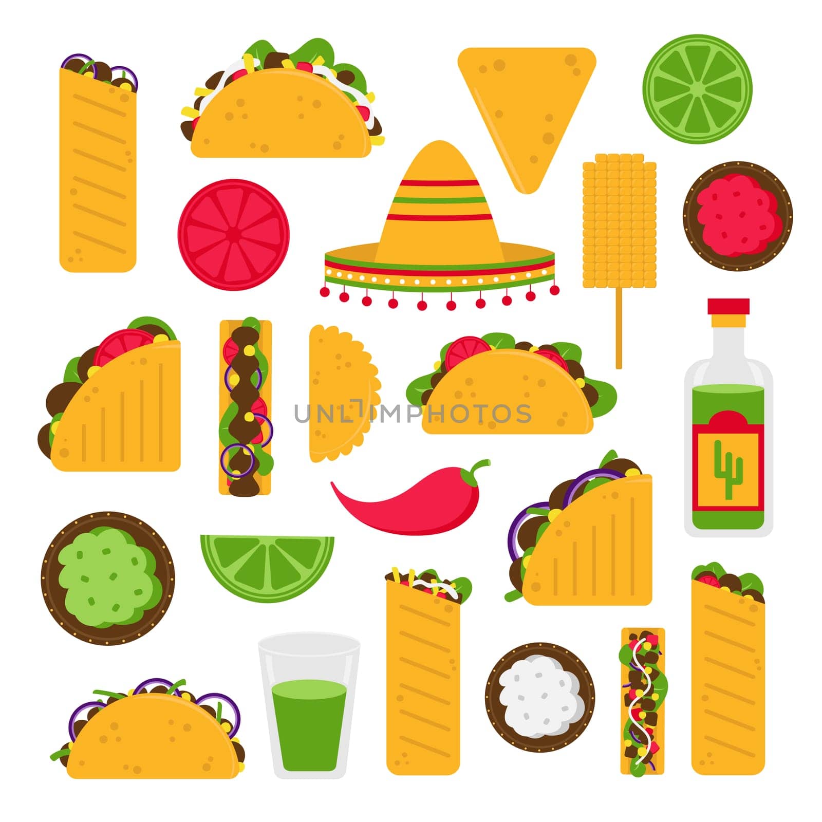 Mexican food set in cartoon vector style. Taco and burrito, nachos with salsa bowl, traditional ingredients collection.