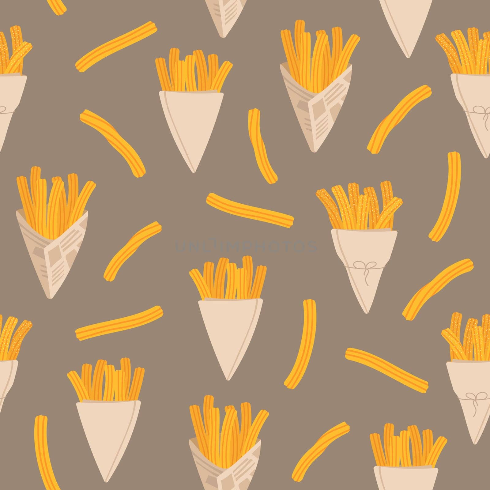 Seamless pattern with churros. Mexican or Spanish traditional dessert. Endlessly repeating churros. Vector illustration for design.