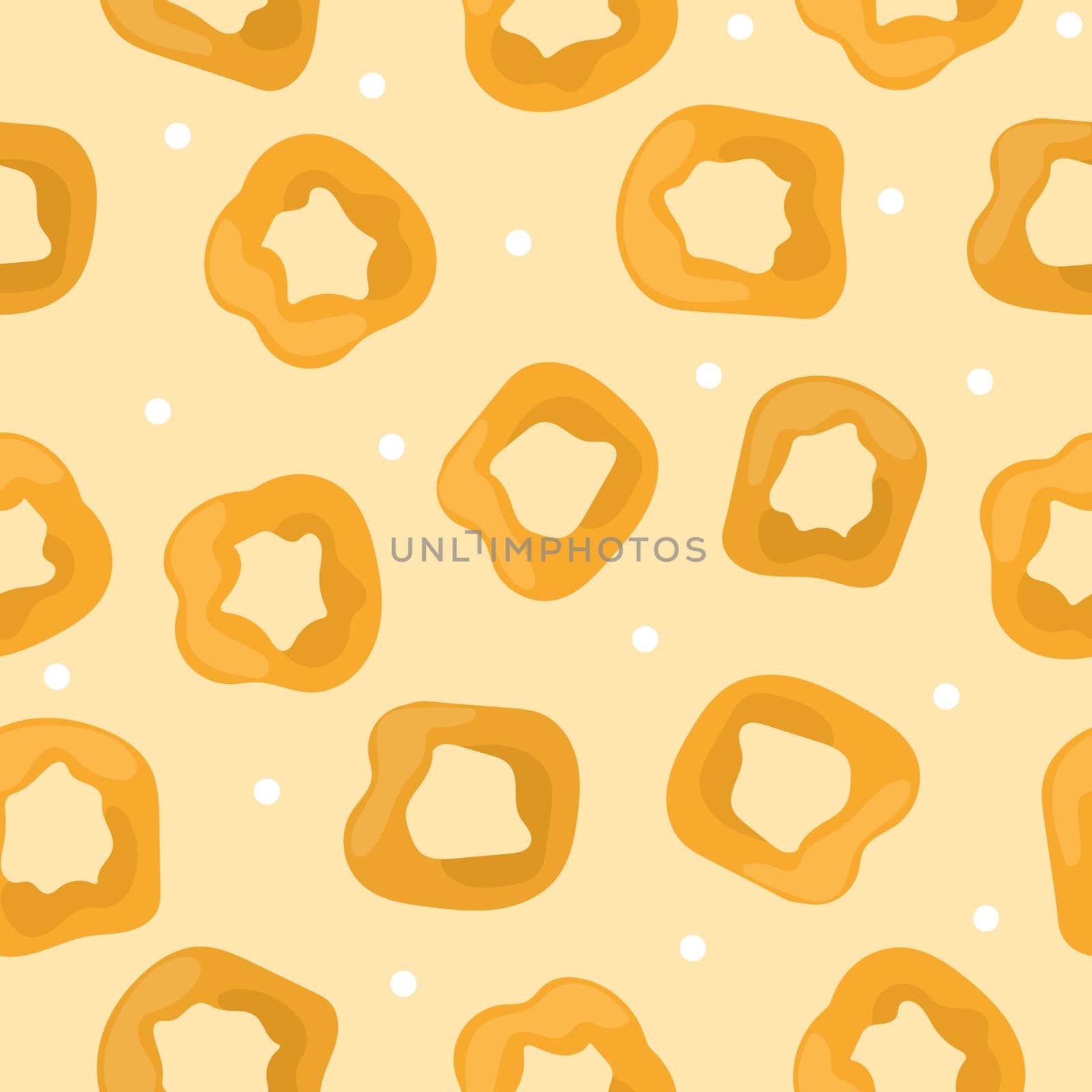 Picarones pumpkin donuts, dessert, latin american cuisine. Seamless pattern with donuts on a yellow background.