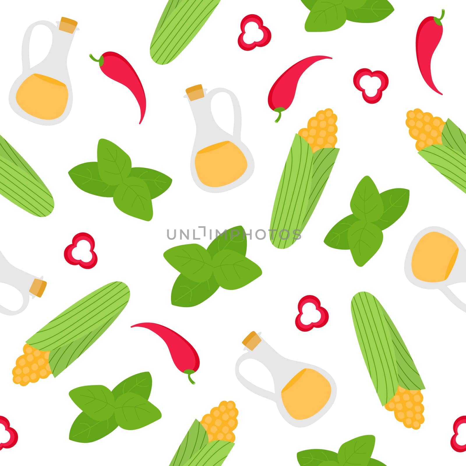 Corn, pepper, basil, oil. Ingredients for Mexican cuisine. Seamless pattern by natali_brill