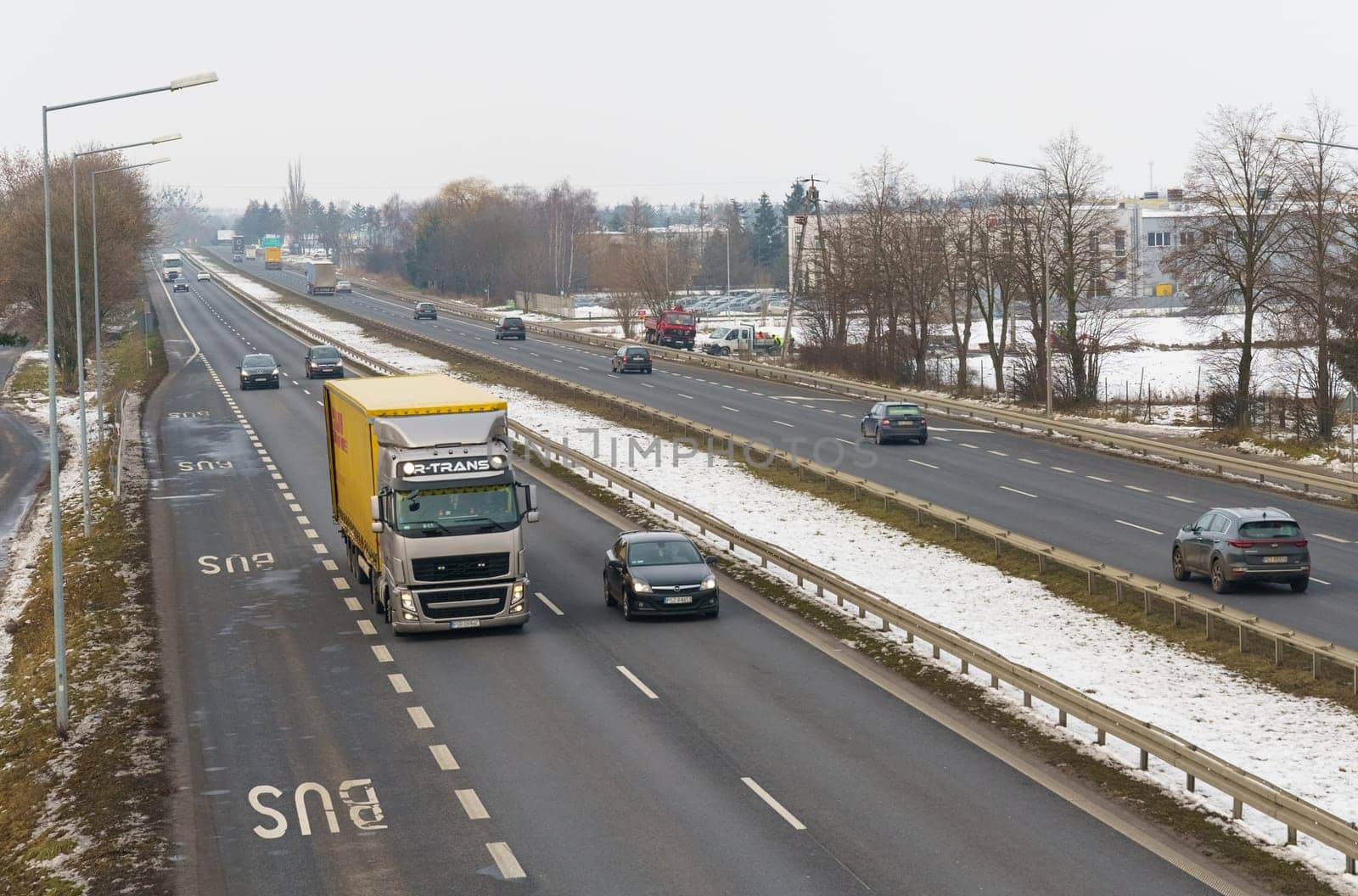 Poznan, Poland - January 24, 2023: Car traffic on a motorway in Poland.