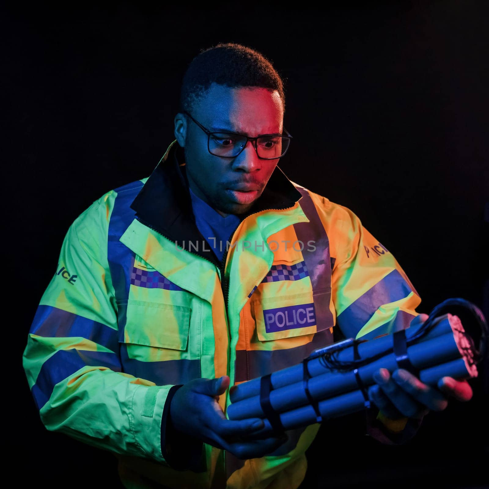 Policeman with bomb. Futuristic neon lighting. Young african american man in the studio by Standret