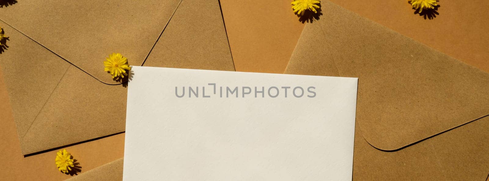 Beautiful little yellow chamomile daisies flowers on postal yellow envelopes on beige background, empty paper note copy space for text, spring time, greeting card for holiday. Flower delivery by anna_stasiia
