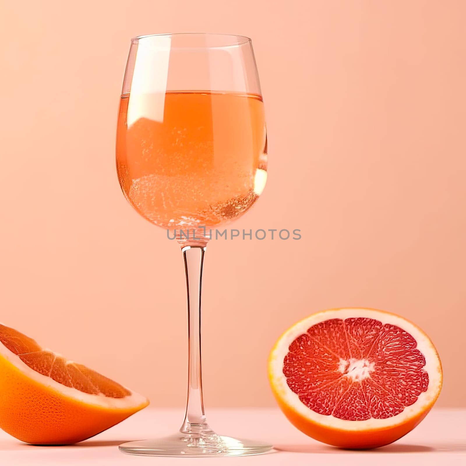 Glass with sparkling rose wine and grapefruit on pastel background with copy space. Wide angle format banner.