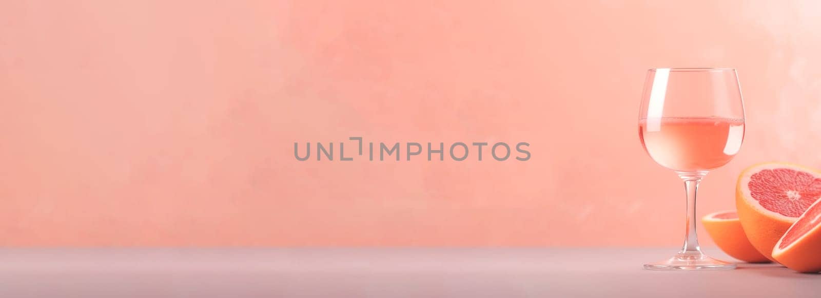 Glass with sparkling rose wine and grapefruit on pastel background with copy space. Wide angle format banner.