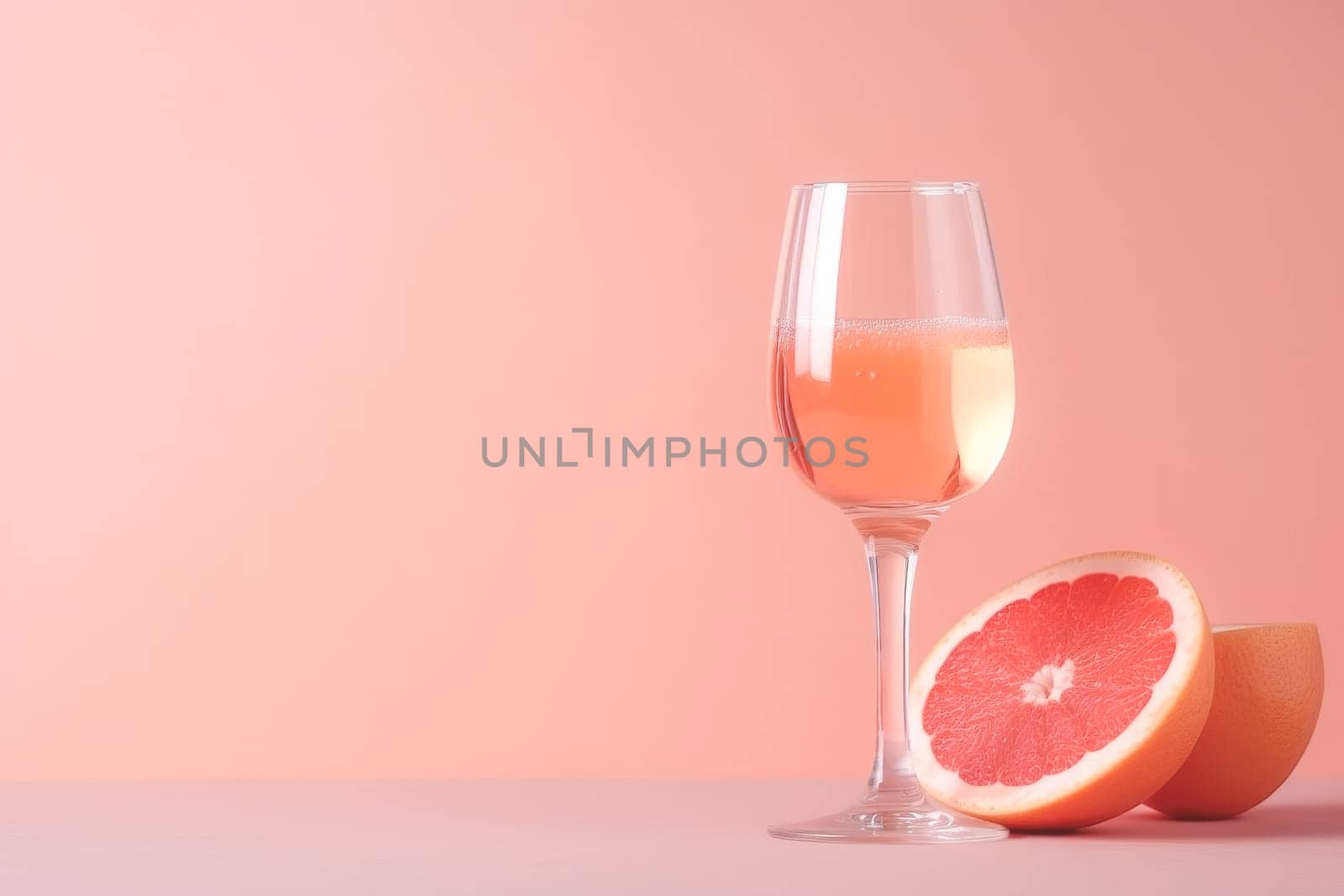 Glass with sparkling rose wine and grapefruit on pastel background with copy space. Wide angle format banner.