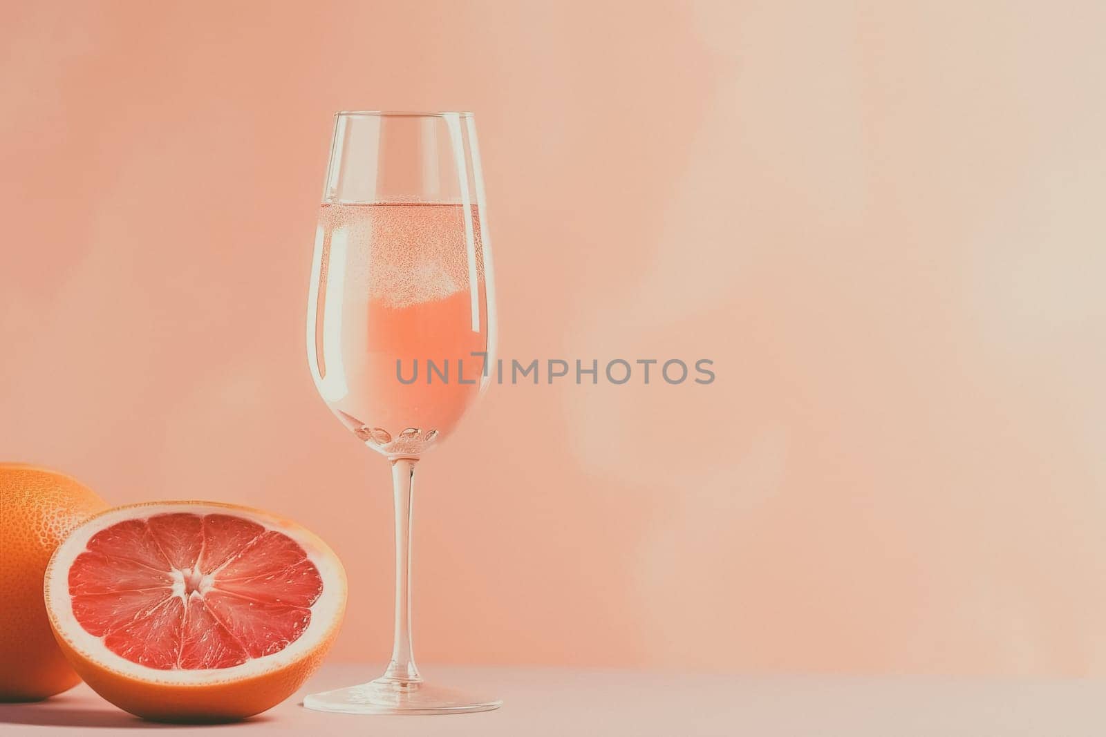 Glass with sparkling rose wine and grapefruit on pastel background with copy space. Wide angle format banner.