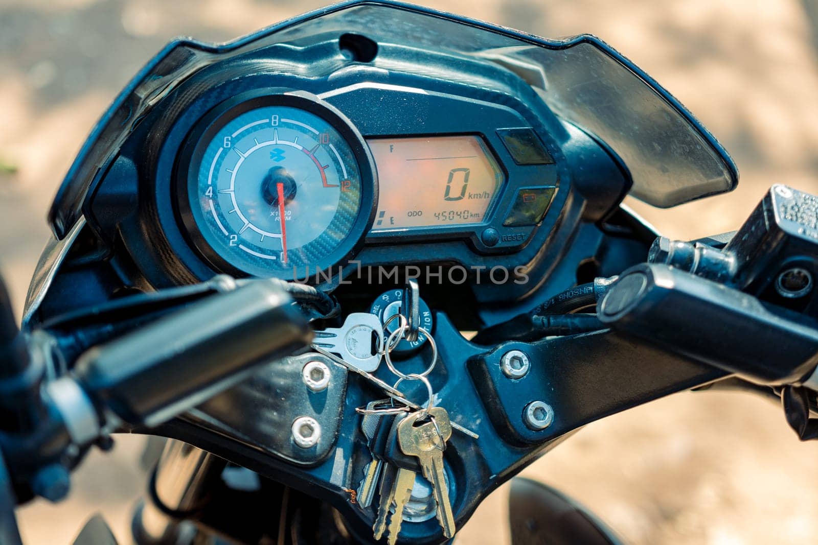 Close up of motorcycle dashboard, View of modern motorcycle control panel, Close-up of speed meter of a motorcycle