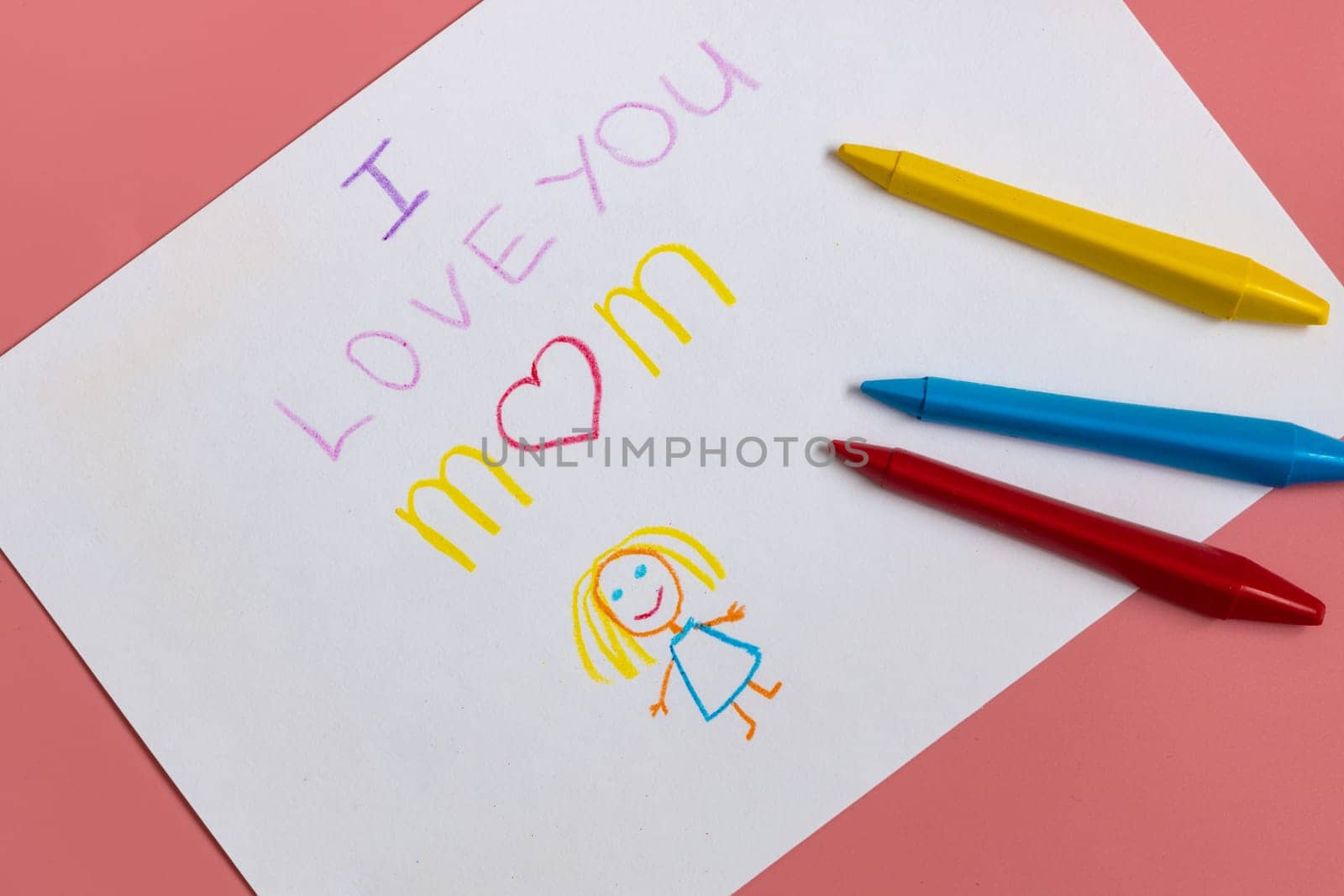 Greeting card for mummy on happy mothers day. Handwritting by kids with love congratulate for mom. Sign I love you mom.