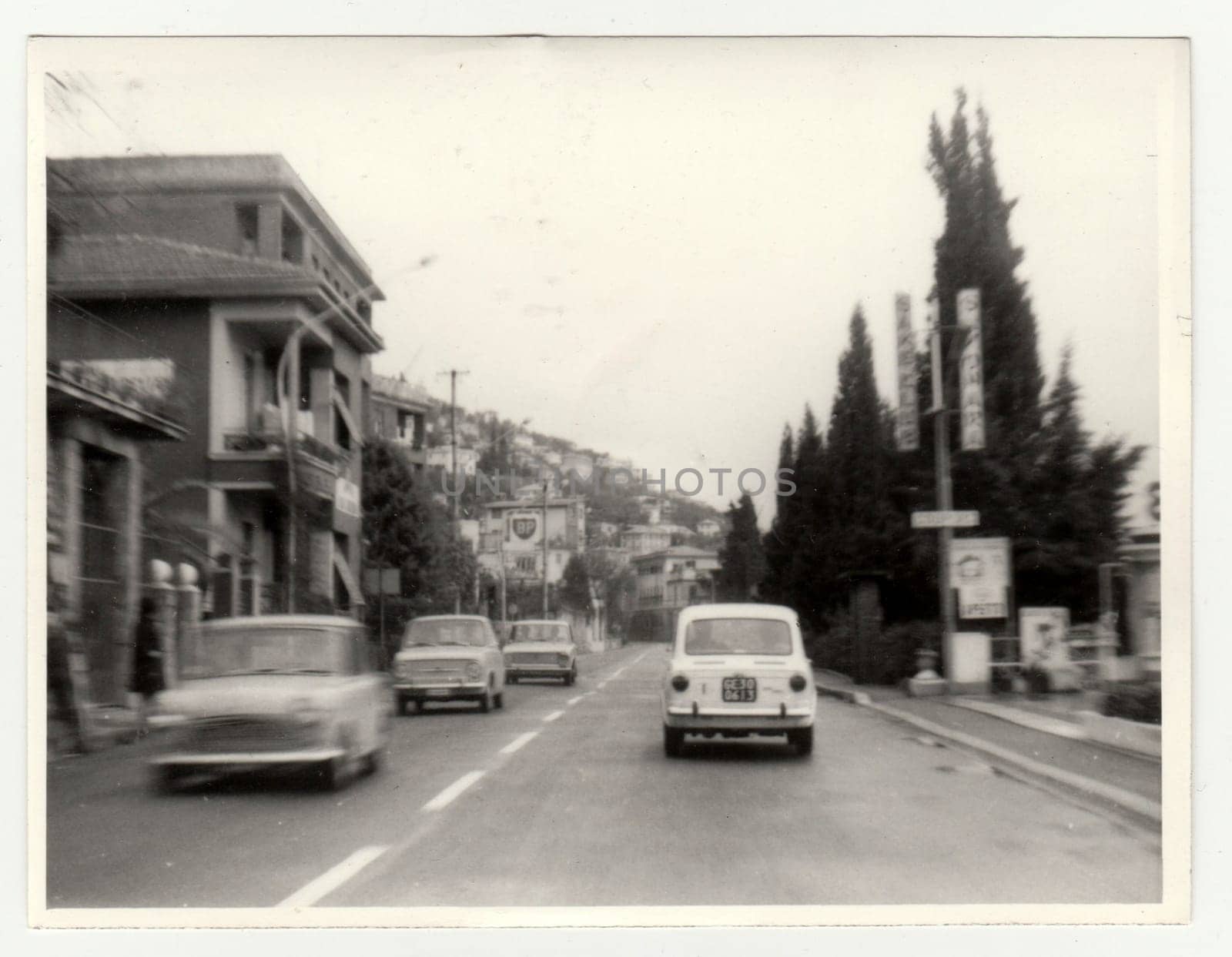 ITALY - CIRCA 1970s: Vintage photo shows the Italian riviera. Retro black and white photography. Circa 1970s.