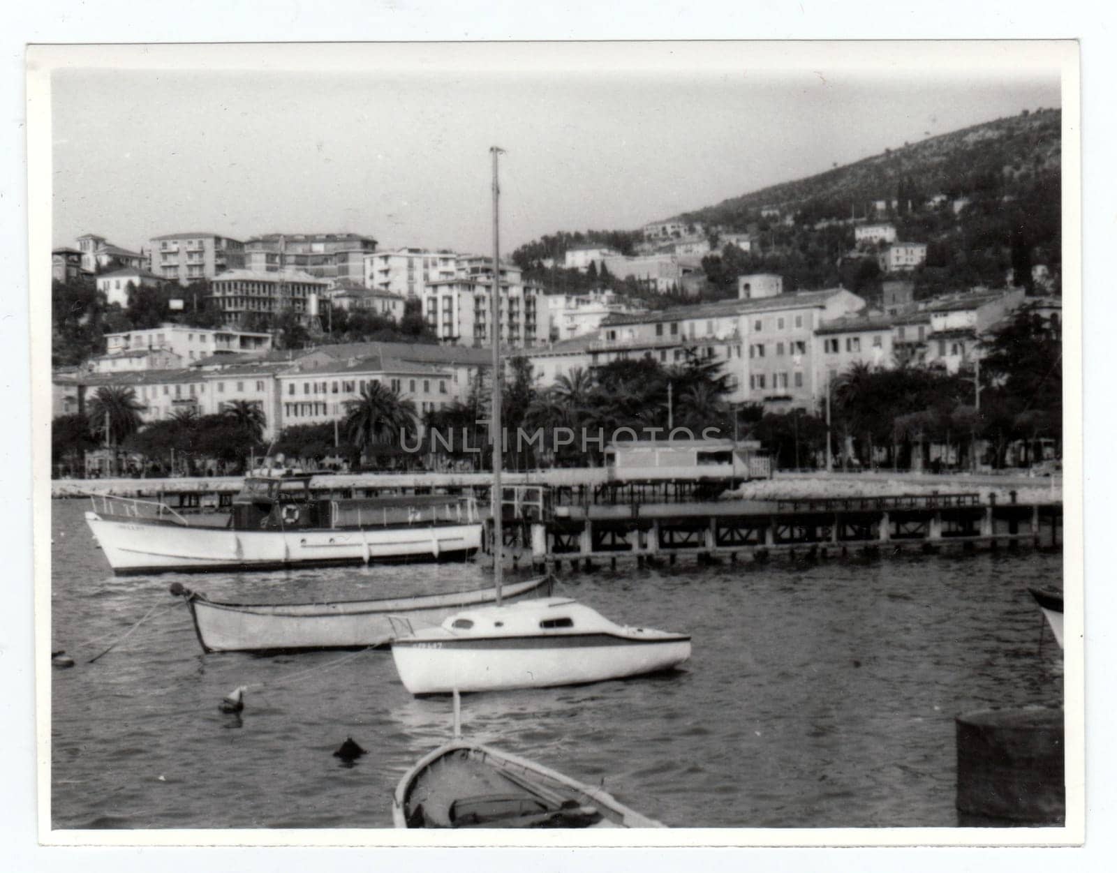 ITALY - CIRCA 1970s: Vintage photo shows the Italian town. Retro black and white photography. Circa 1970s.