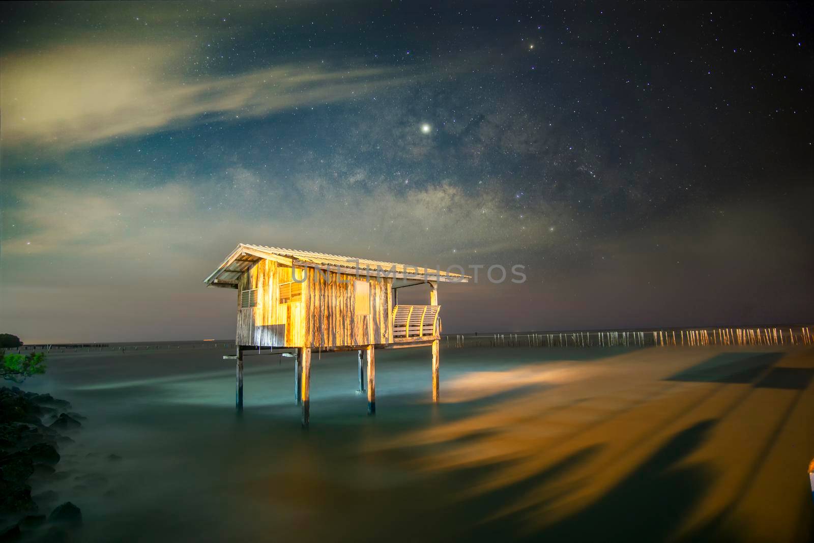 Old wooden house, no longer living in the sea, no way up the house Taken with the Milky Way as the back ground	