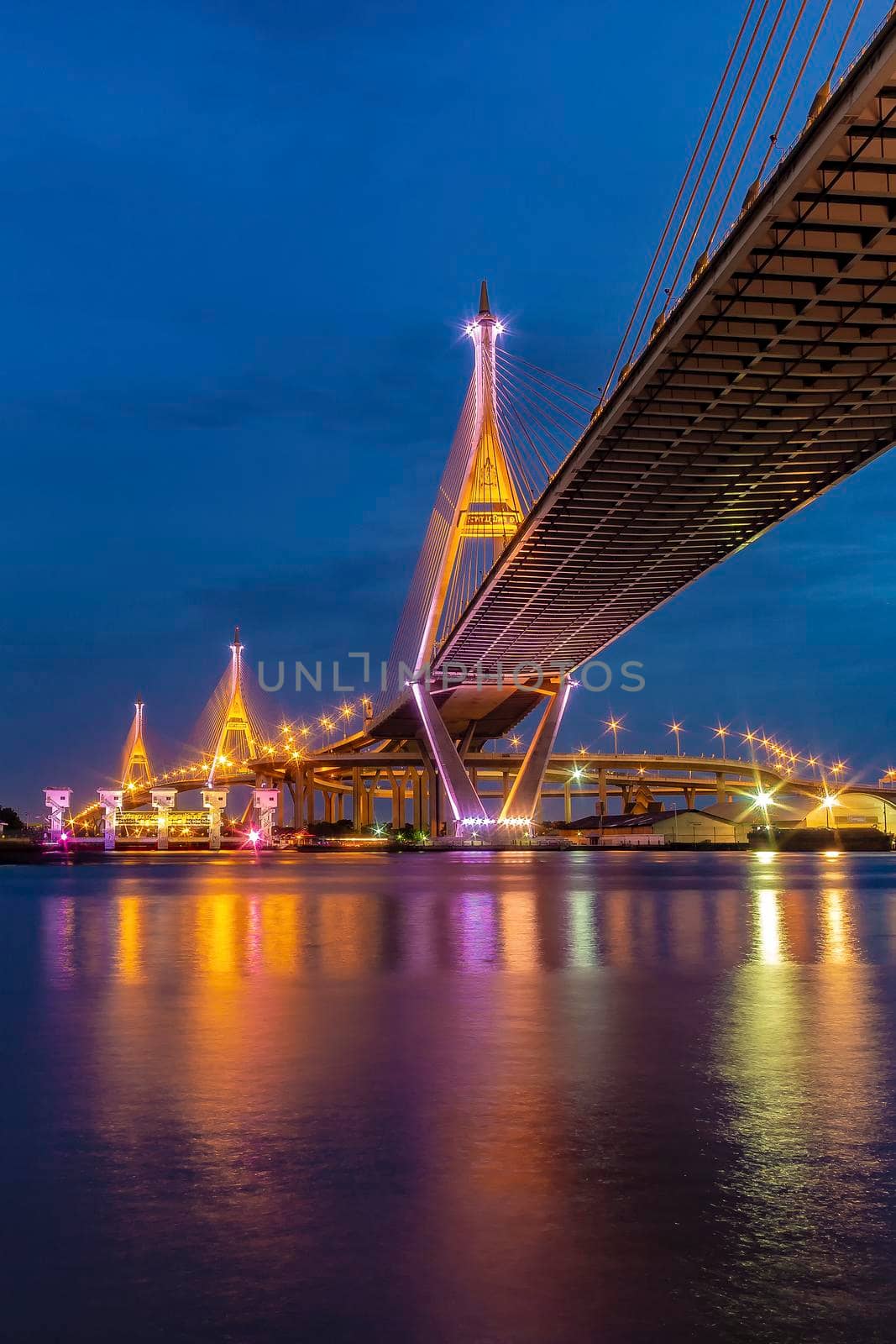 Bhumibol Bridge, Chao Phraya River Bridge. Turn on the lights in many colors at night.