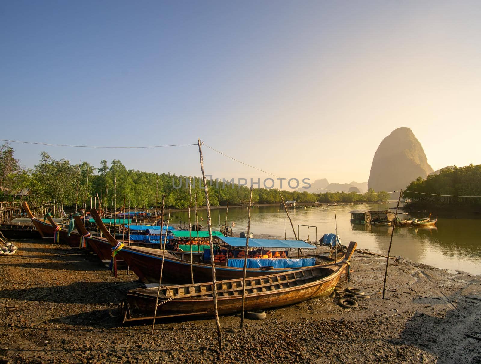 Boat for tourists goes to see the mountains and nature.
Pier Ban Hin Lom in Phang Nga, Thailand