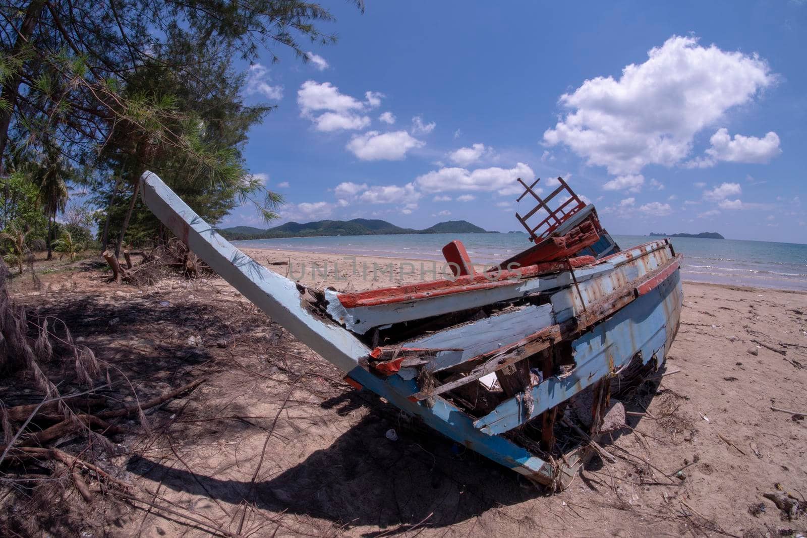 Storm damage. Fishing boat are damaged. Boat collapsed.