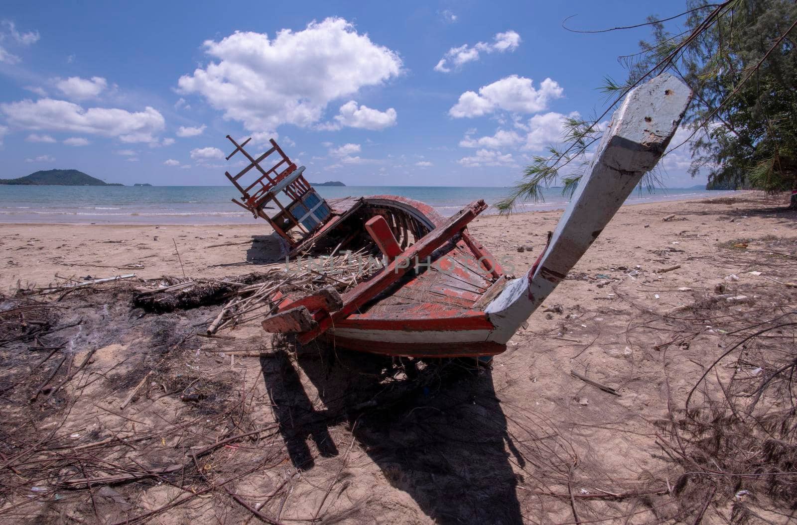 Storm damage. Fishing boat are damaged. Boat collapsed.